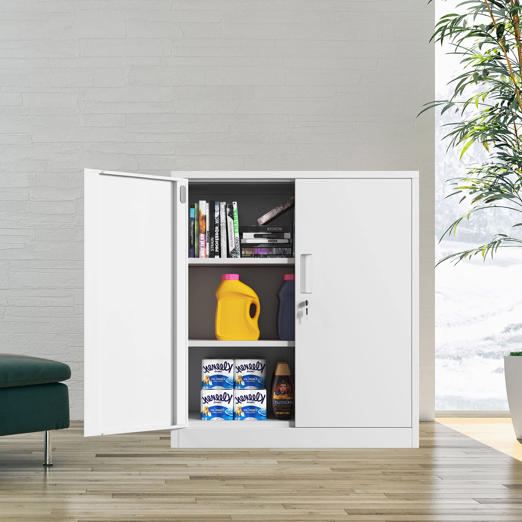 Lockable Metal Storage Cabinet with 2 Adjustable Shelves - Small Steel Storage Cabinet for Home, Office, Garage & Kitchen - White | Perfect for Organizing Tools, Files, Pantry Items & Cleaning Supplies