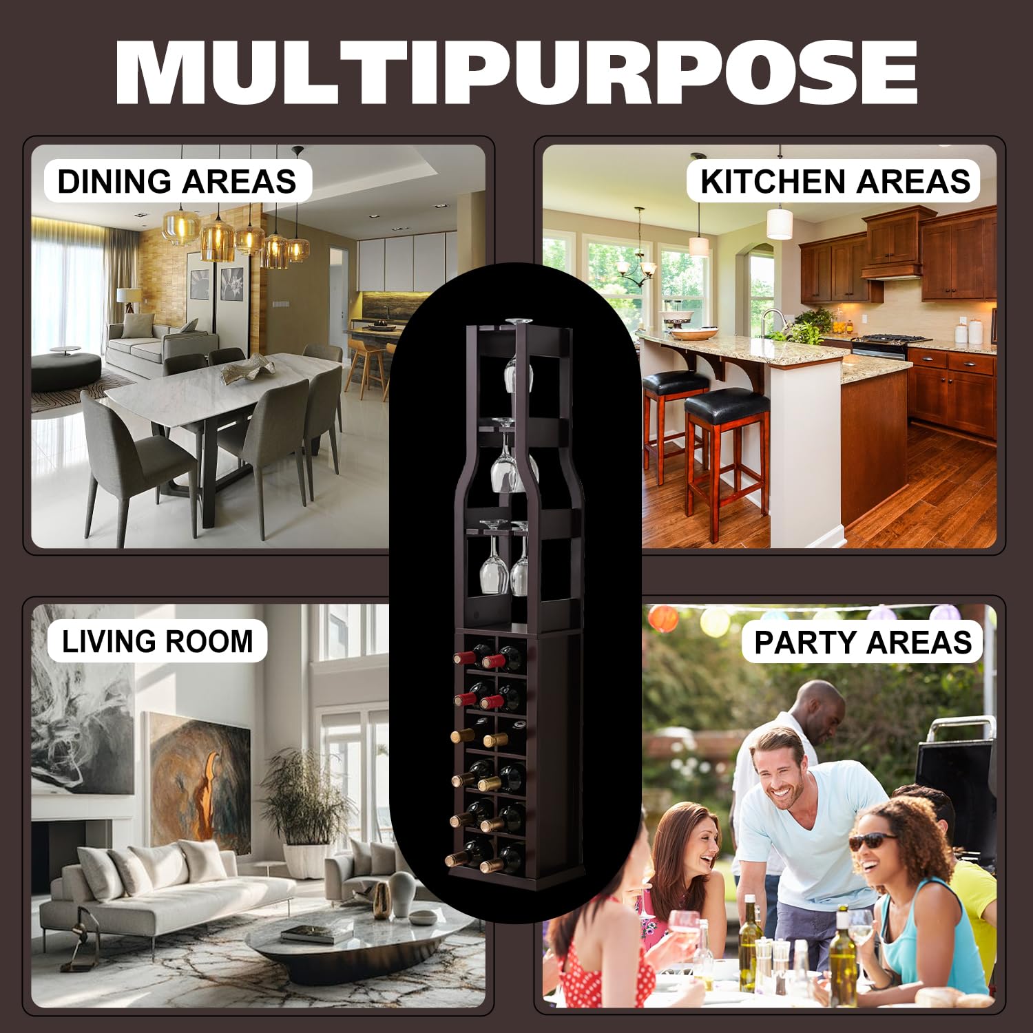 Kings Brand Granger Freestanding Wine Rack with Glass Holder - 12 Bottle Capacity & 3 Stemware Racks - Dark Cherry Wood Floor Standing Wine Storage for Home Bar, Kitchen, Dining Room - Perfect for Wine Enthusiasts & Entertaining Guests