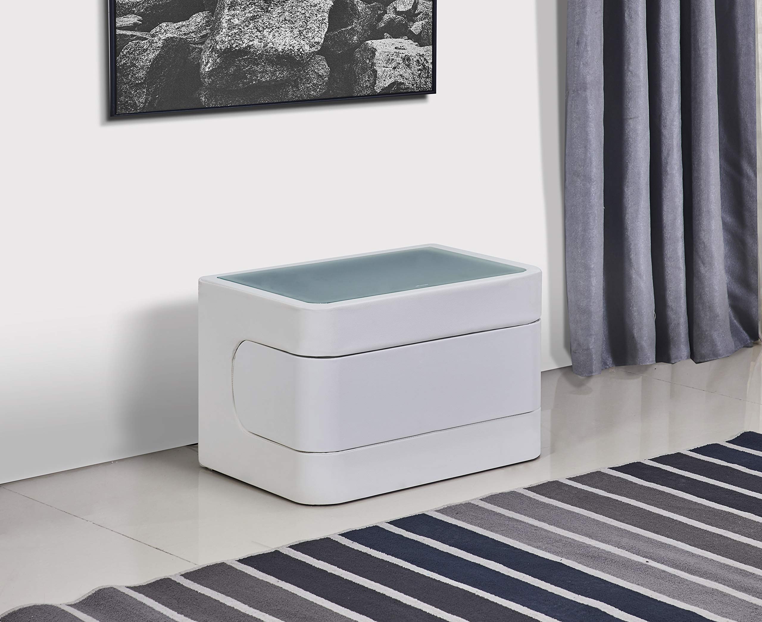 Modern White LED Nightstand with Glass Top and Spacious Drawer - Touch Control Bedside Table for Bedroom, Living Room, or Office