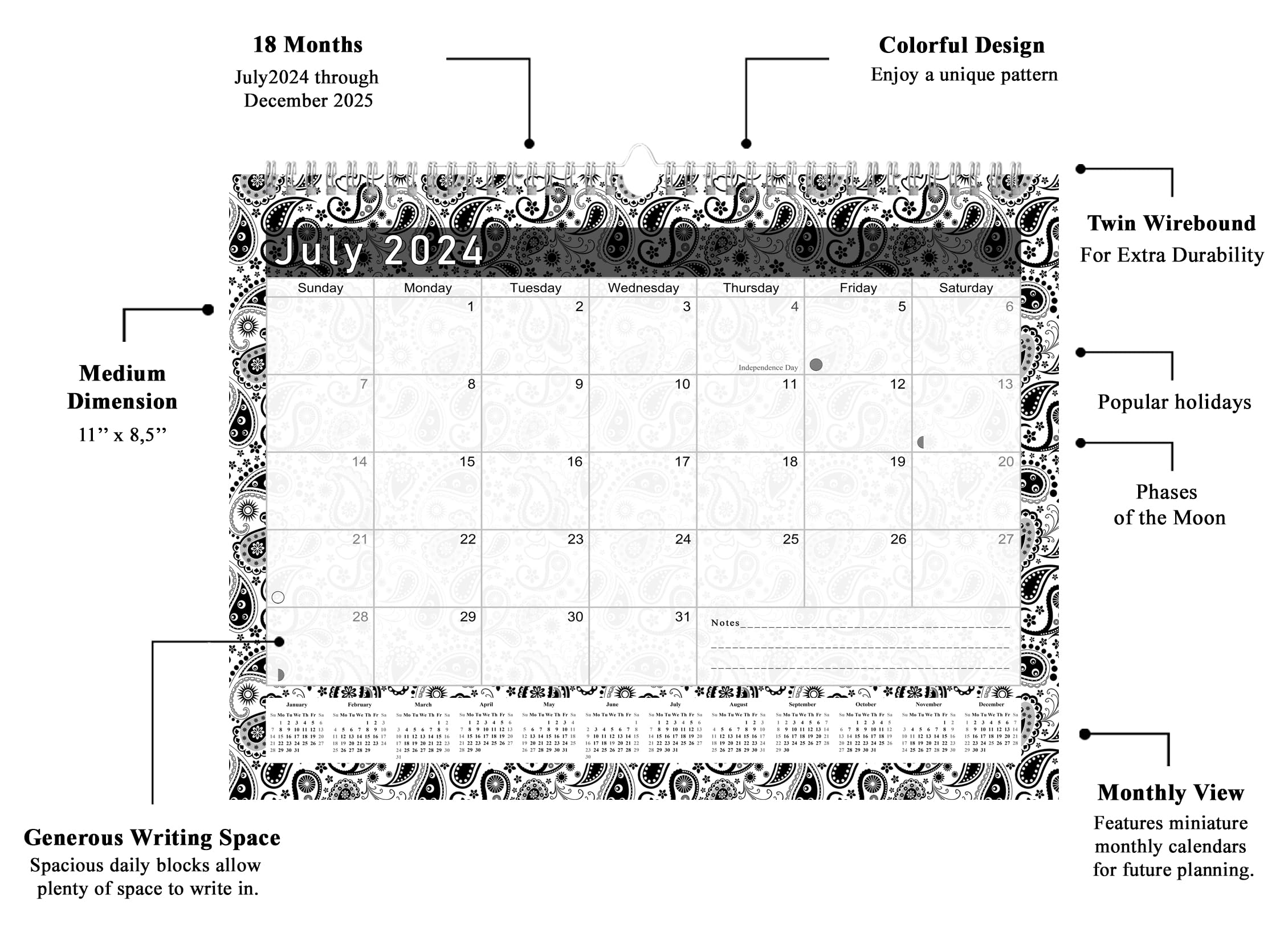 2024-2025 18-Month Spiral-Bound Wall & Desk Calendar Planner - Black & White Paisley Design (Edition #011) - Perfect for Home, Office & School Organization