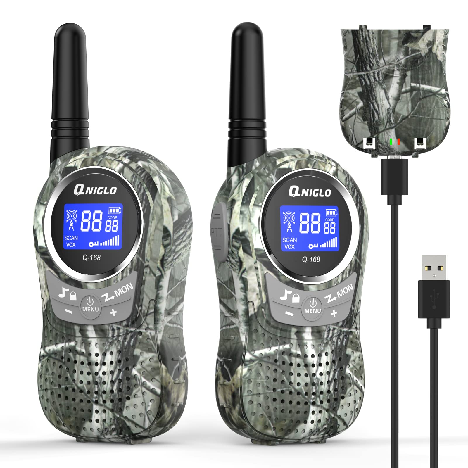 QNIGLO Rechargeable Kids Walkie Talkies - Camo Walkie Talkies for Boys & Girls Ages 3-12, Long Range Outdoor Adventure Toys for Camping, Hiking, Spy Games & Police Role Play | Perfect Birthday Gift for Kids