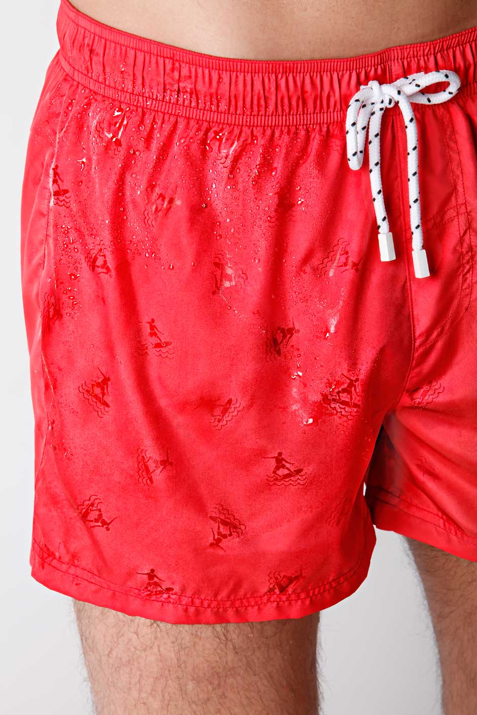 Men's Red Short Swim Trunks with Surf Print - Perfect for Beach, Pool, and Summer Water Sports