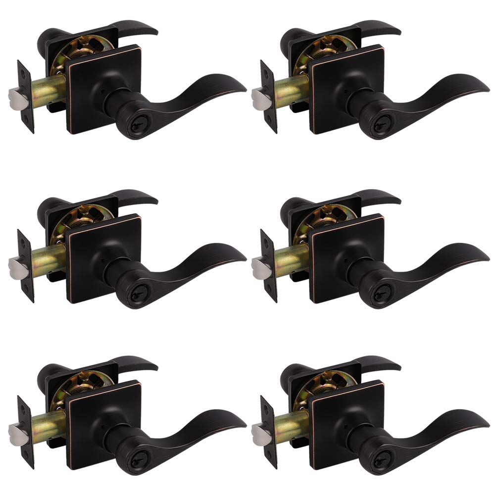 Knobelite 6-Pack Exterior Door Lever Set - Bronze Wave Design, Right/Left Handed Reversible, Keyed Differently for Enhanced Security | Perfect for Front Entrance Doors, Home Security Upgrade & Commercial Buildings