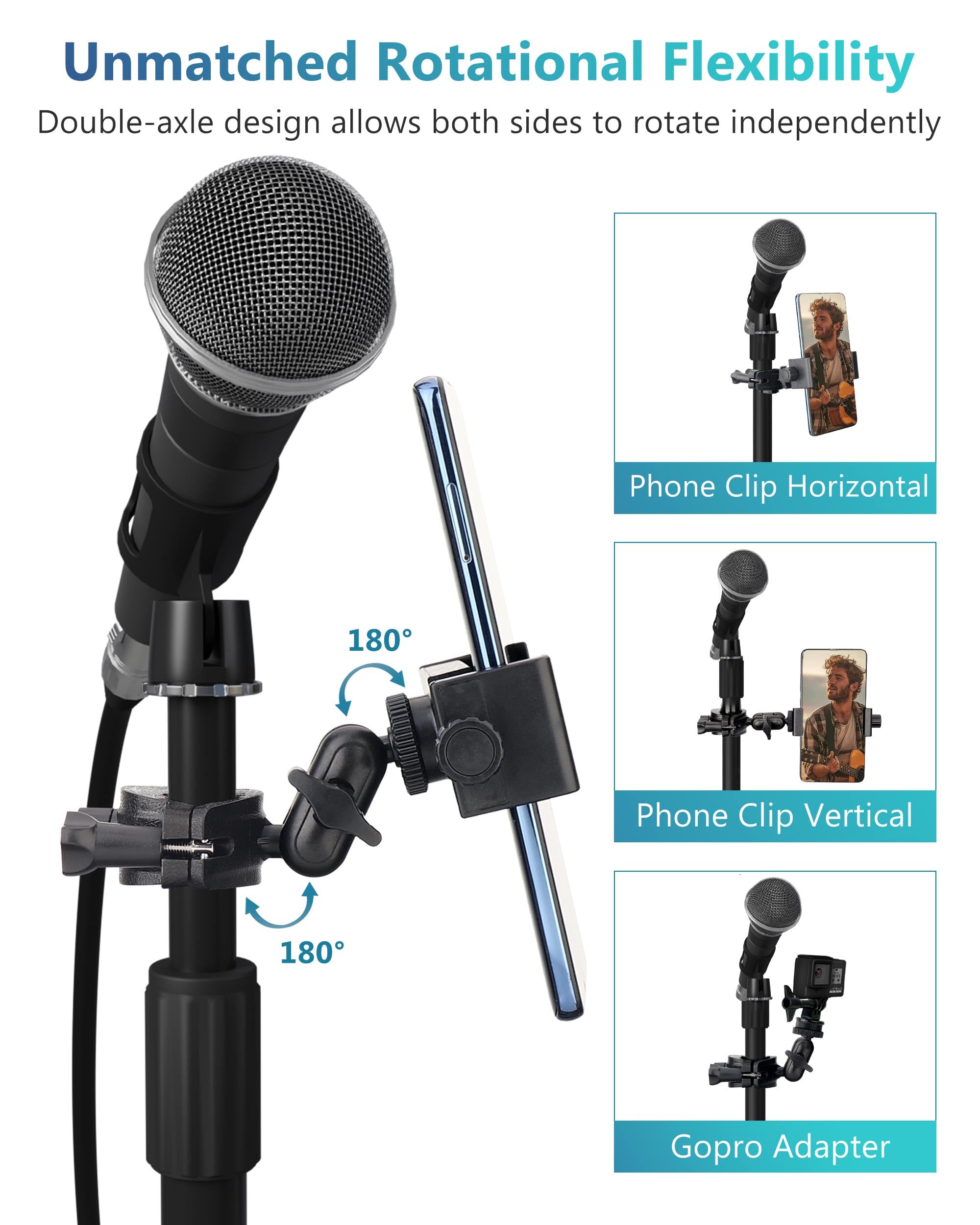 Universal Mic Stand Phone Holder - Adjustable Smartphone Mount for iPhone 15/14/13/12/11 Pro/Max/Mini, Samsung Galaxy S24/S23 Ultra, Google Pixel 8/7 - Perfect for Live Streaming, Music Recording & Instrument Practice (Microphone Stand, Music Stand, Guitar & Drums Accessory)