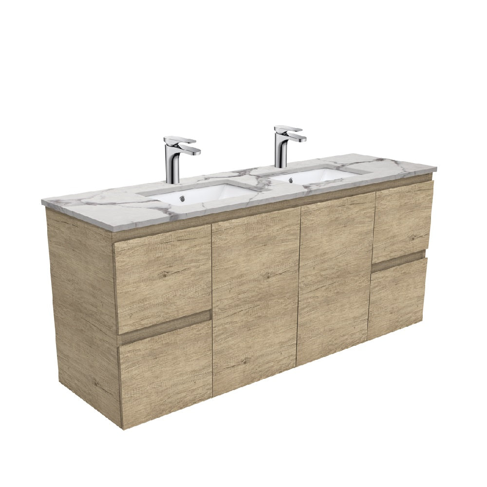 Fienza SM150SD 60-Inch Scandi Oak Calacatta Marble Double Sink Bathroom Vanity with Soft-Close Doors - Modern Wall-Mounted Design for Master Bath or Guest Bathroom Remodel