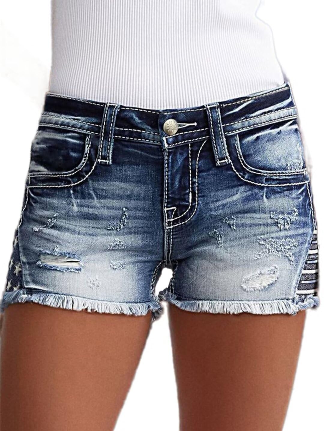Flamingals Women's Ripped Denim Shorts - Low Waist Distressed Skinny Stretchy Shorts with Raw Hem | Perfect for Summer Outfits, Casual Wear & Beach Vacations