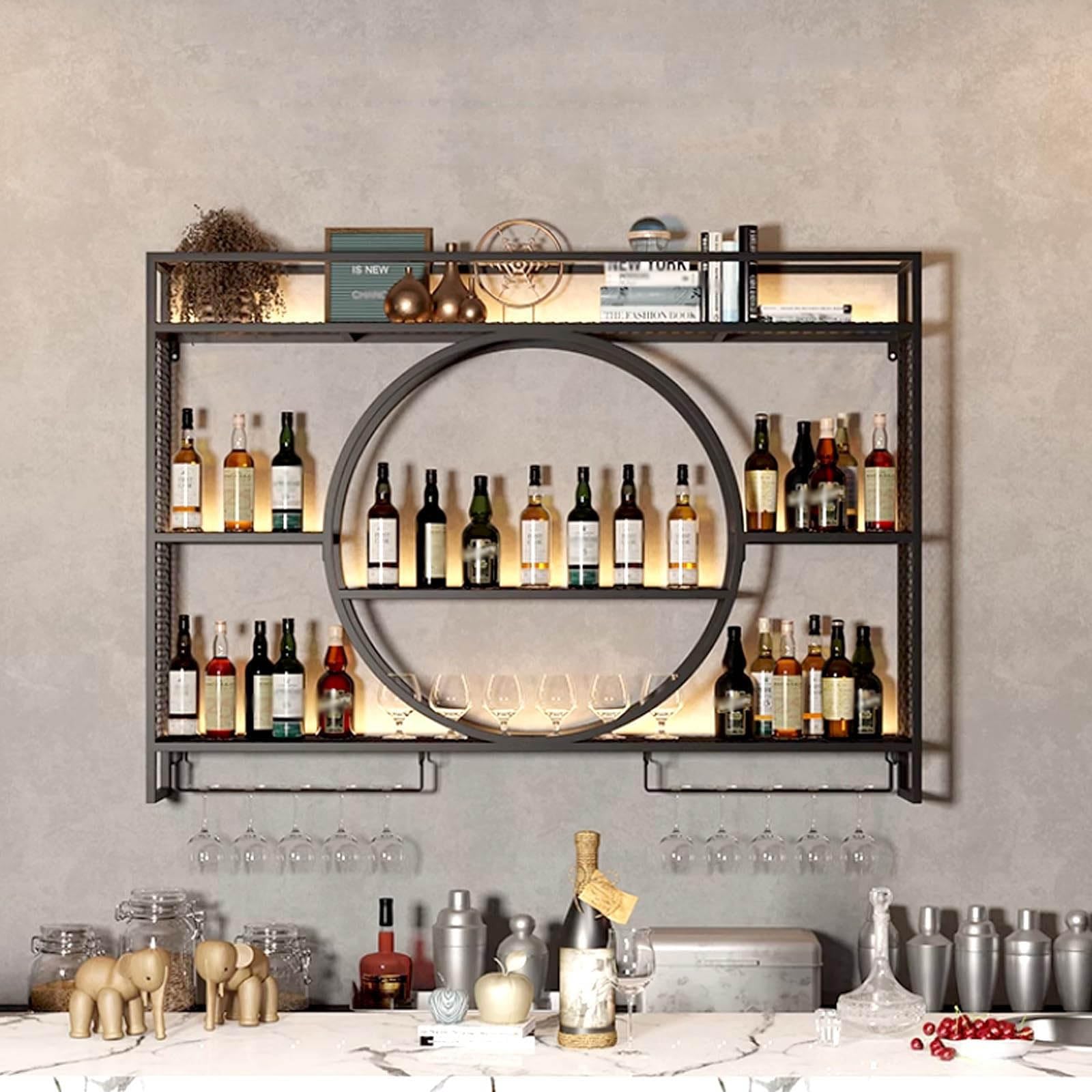 Modern Round Wall Mounted Wine Rack - Large Capacity Hanging Iron Display Stand for Kitchen, Living Room & Bar - Decorative Bottle Storage Solution (Black, 47.2 x 5.9 x 31.4 Inches) - Perfect for Home Decor, Entertaining Guests & Wine Collection Display