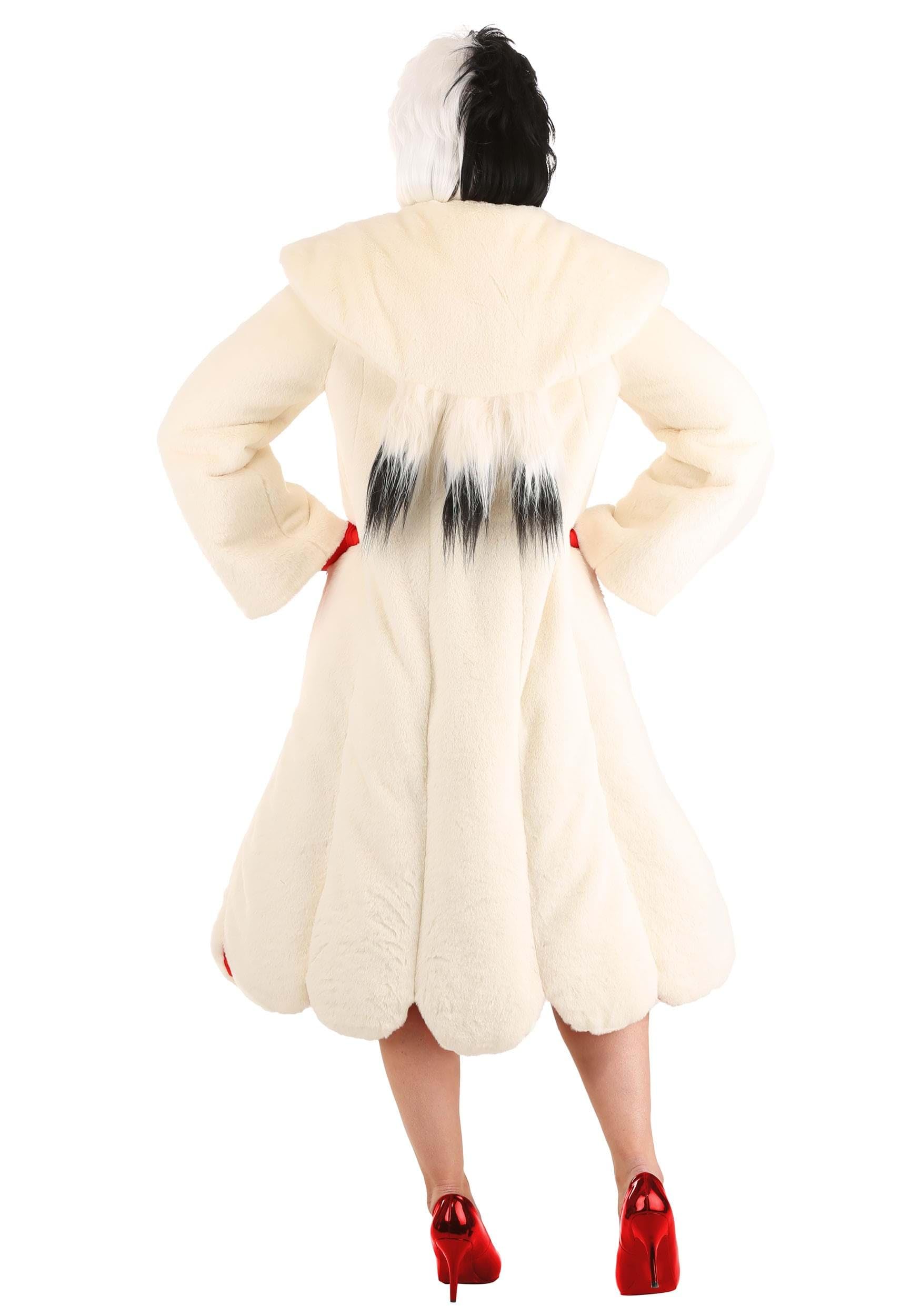 Disney 101 Dalmatians Cruella De Vil Costume for Women - Black Dress with White Faux Fur Coat | Halloween, Cosplay, Themed Parties, Movie Nights | Perfect for Disney Fans, Villain Costume Lovers and Dress-Up Events