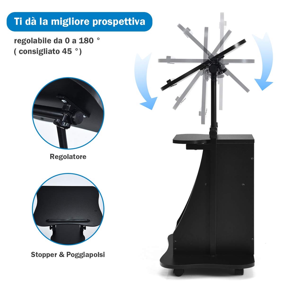 Height Adjustable Mobile Laptop Podium Stand - Rolling Sit to Stand Lectern with Swivel Top & Lockable Wheels, Computer Desk with Shelves for Classroom, Church, Home Office & Conference Room Presentations
