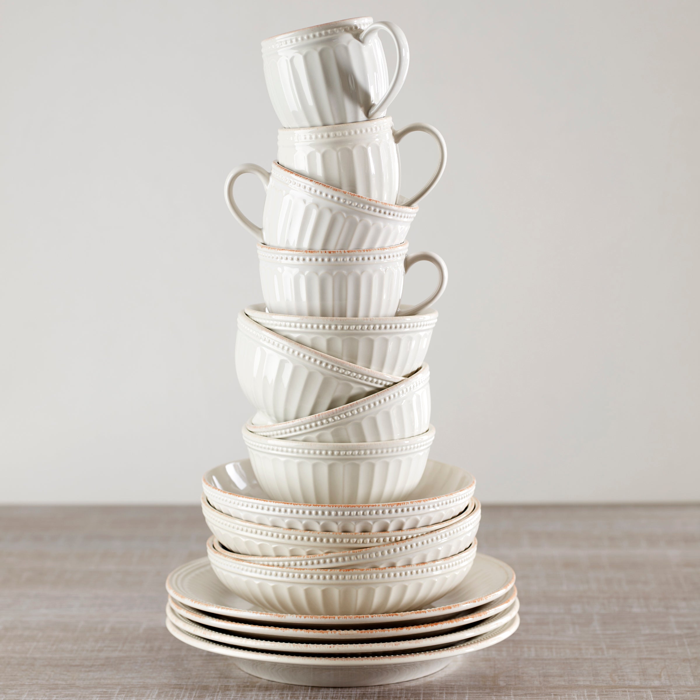 French Perle Groove White 12-Piece Porcelain Dinnerware Set - Elegant Tableware for Fine Dining, Entertaining & Everyday Use