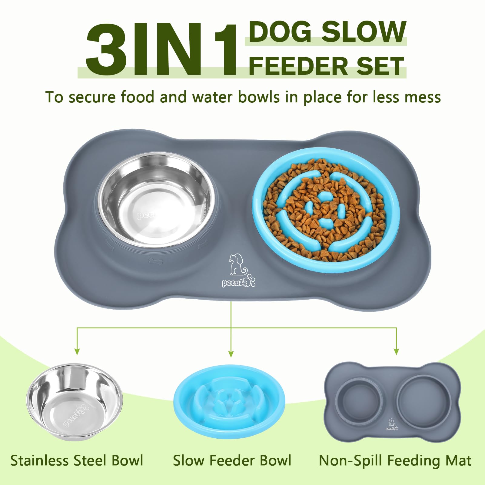 Pecute Slow Feeder Dog Bowl - Non-Spill Non-Skid Silicone Mat, Food-Grade Stainless Steel Pet Bowl for Dogs & Cats - Perfect for Fast Eaters & Messy Drinkers at Home or Travel