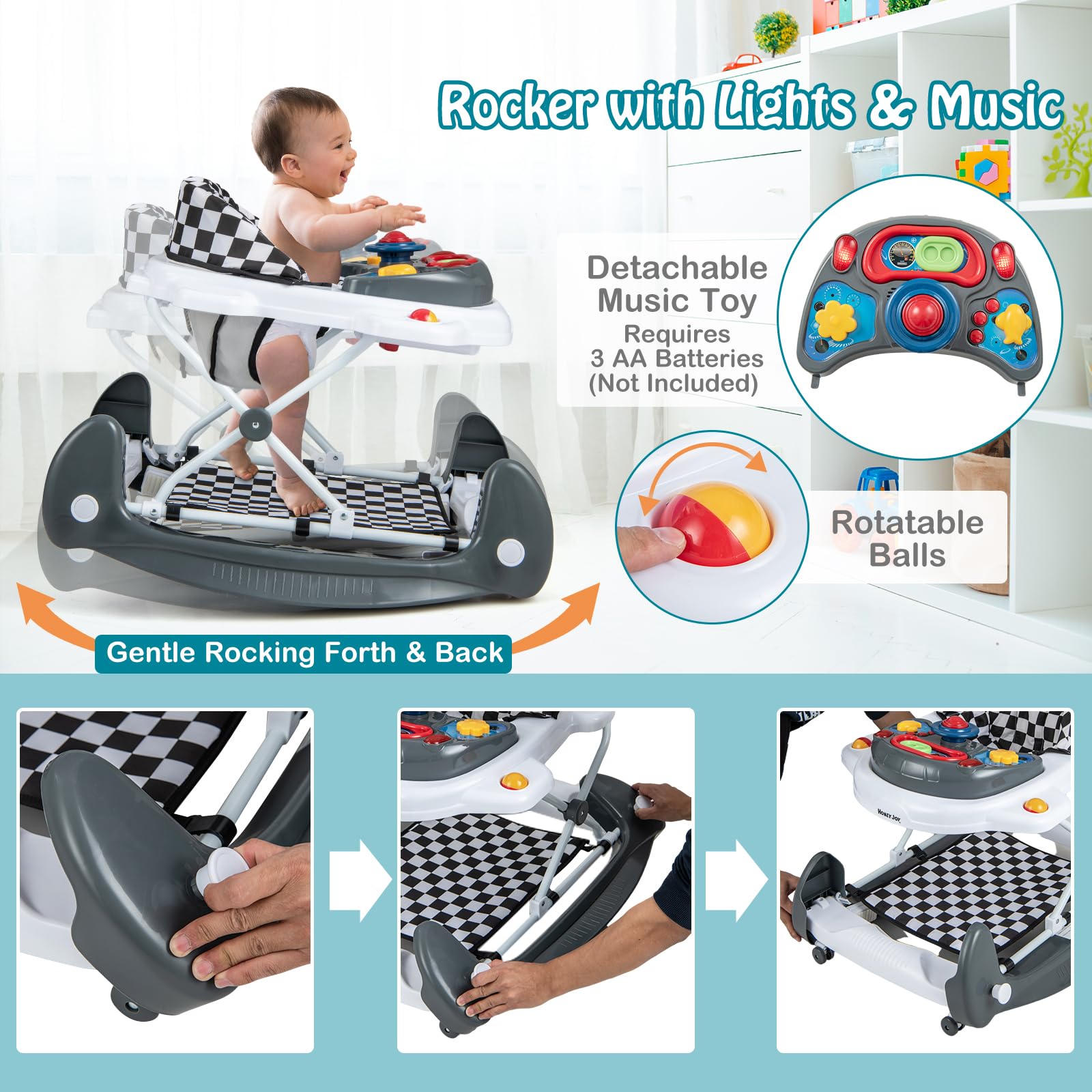 HONEY JOY 6-in-1 Foldable Baby Walker & Bouncer Combo - Adjustable Height Activity Walker with Wheels, Rocker, Music & Lights for Infants 7-14 Months (Gray) | Perfect for Playtime, Learning to Walk & Indoor Entertainment for Baby Boys & Girls