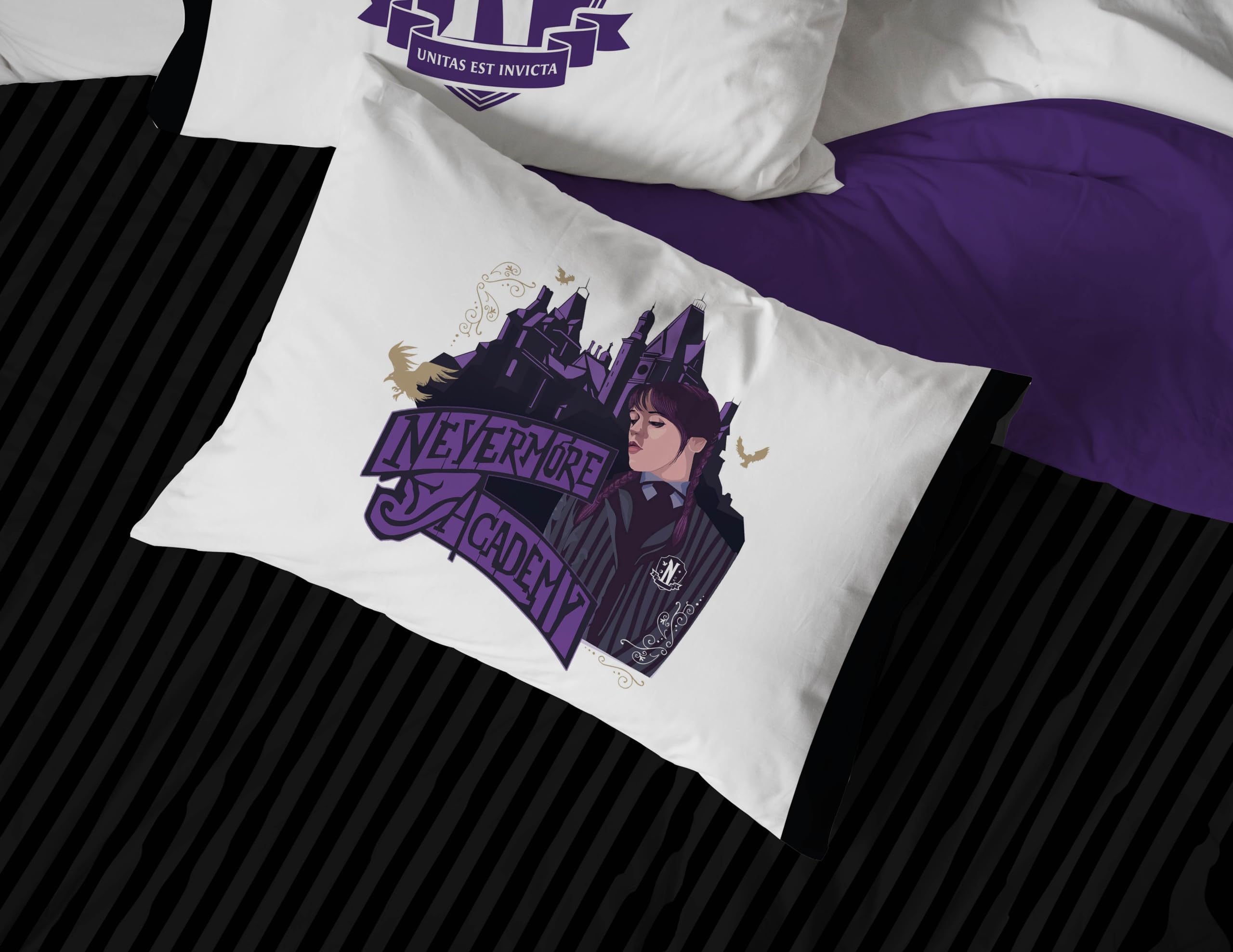 Wednesday Addams Twin Comforter Set - 5 Piece Bedding with Sheets & Pillowcases - Black & Grey Striped Super Soft Kids Bedding for Boys & Girls - Perfect for Halloween, Gothic Room Decor or Addams Family Themed Bedrooms