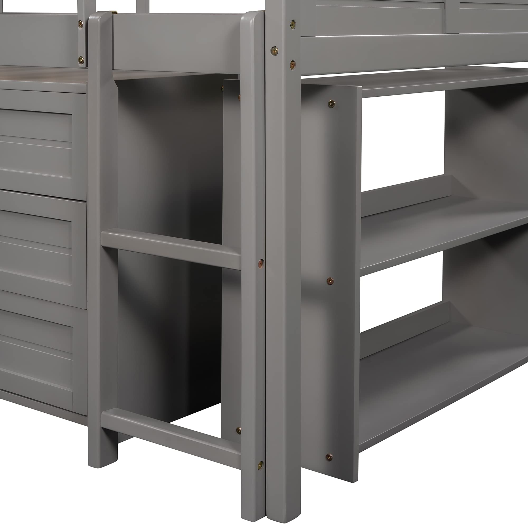 **Low Loft Bed with Slide for Kids - Twin Size Solid Wood Bed Frame with Drawers, Cabinet & Shelf - Gray (3) - Perfect for Small Bedrooms & Playrooms**