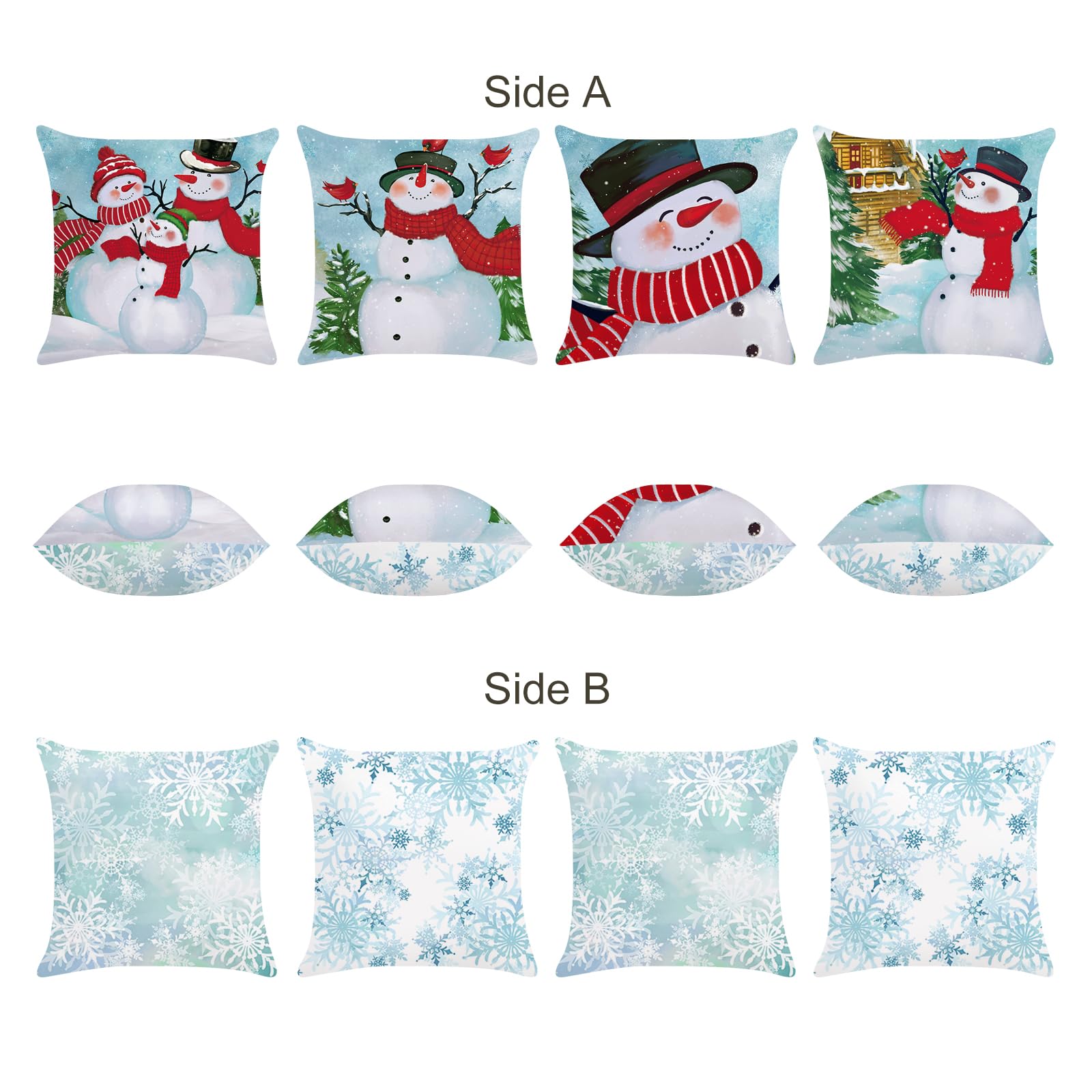 Bonhause 18x18 Inch Snowman Throw Pillow Covers - Winter Pine Tree & Snowflake Decorative Cushion Covers Set of 4 for Sofa, Couch, Bed - Christmas Holiday Home Decor for Living Room, Bedroom Seasonal Cozy Decorations