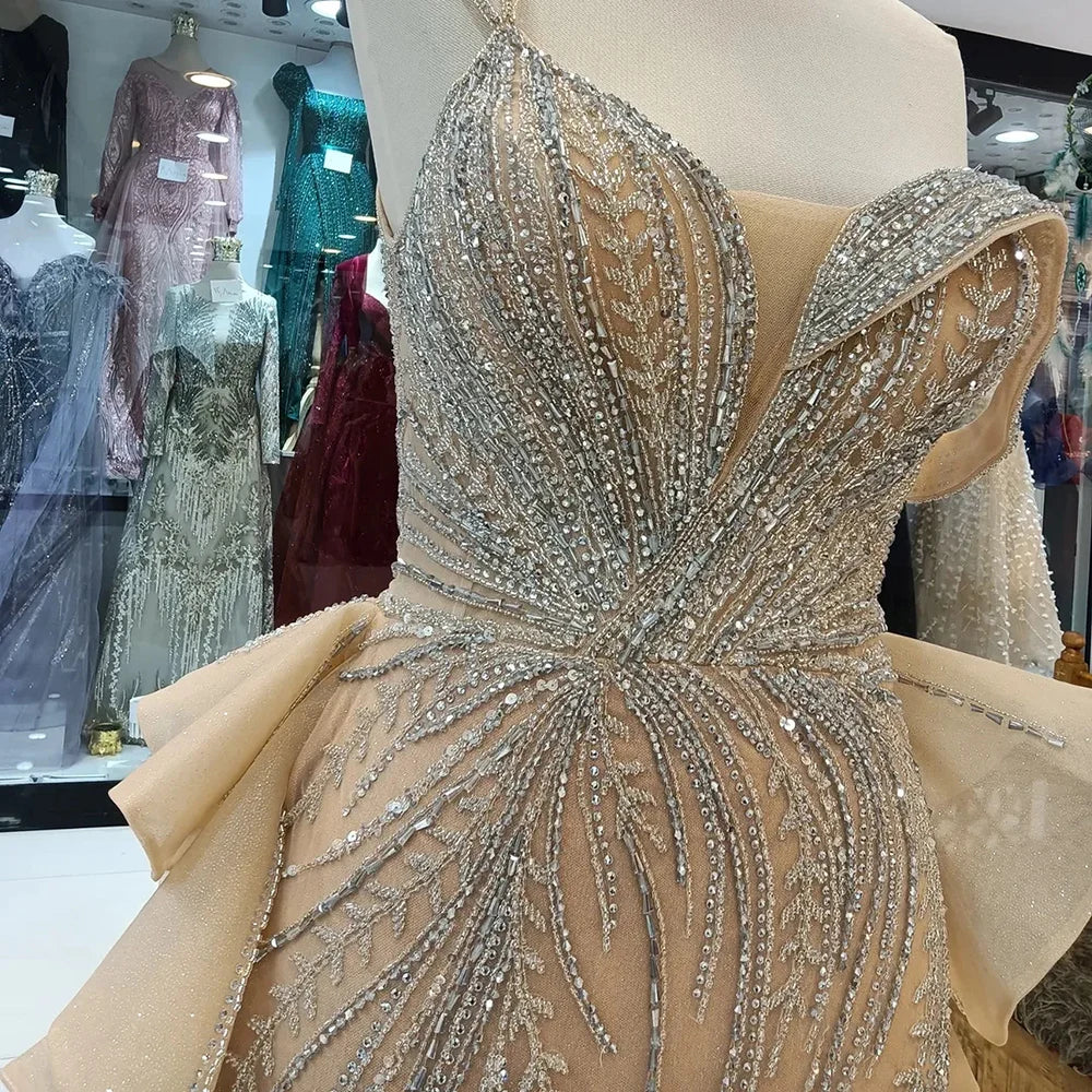 Luxury Dubai Caramel Beaded Mermaid Evening Gown with Overskirt & Elegant Split - Formal Dresses for Women - Perfect for Weddings, Galas & Red Carpet Events