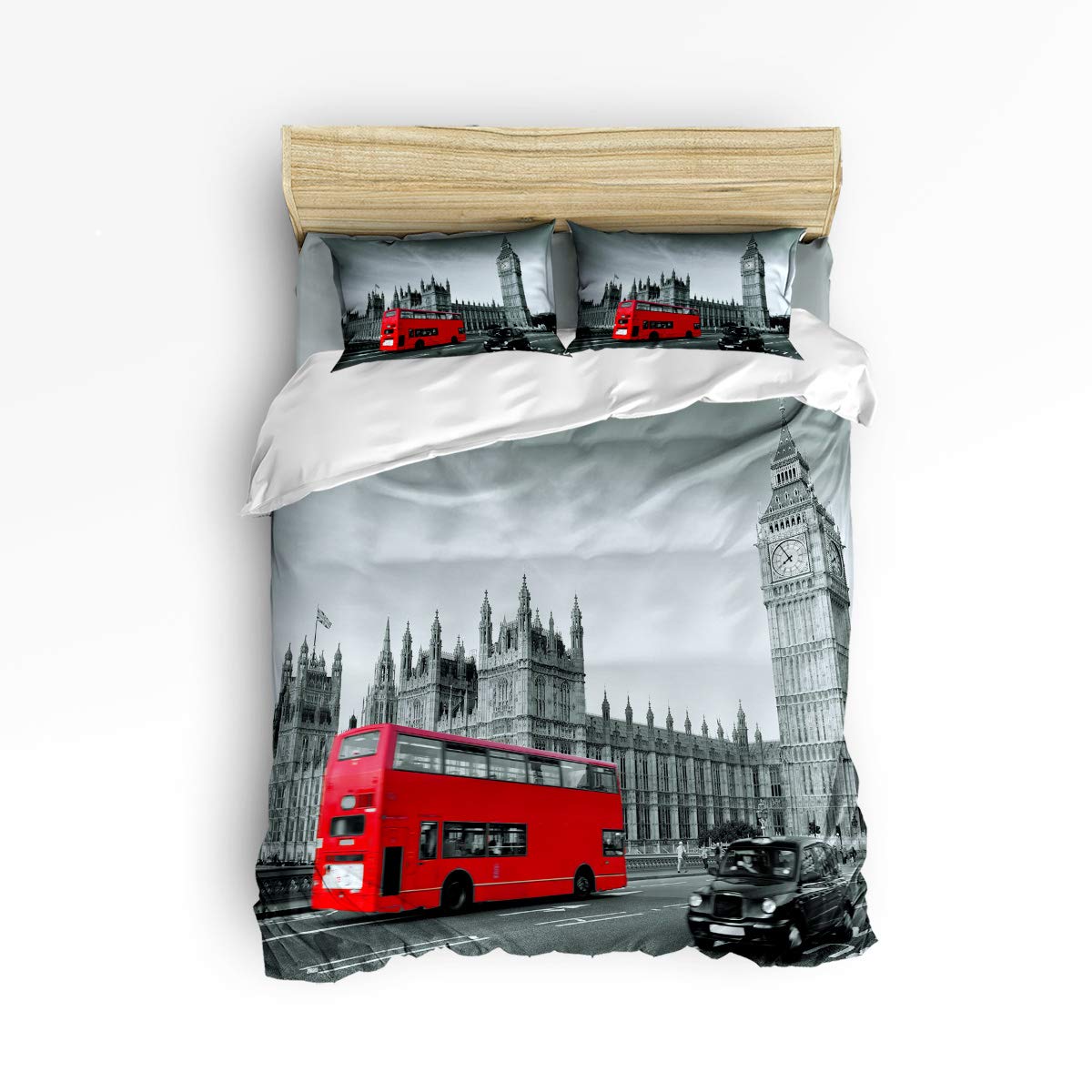 Clouday Twin Size Bed Sheet Set for Kids - Soft 4-Piece Duvet Cover Set with London Skyline Print, Includes 1 Flat Sheet, 1 Duvet Cover & 2 Pillowcases - Perfect for Boys & Girls Bedroom Decor, Christmas Gift & Cozy Sleep