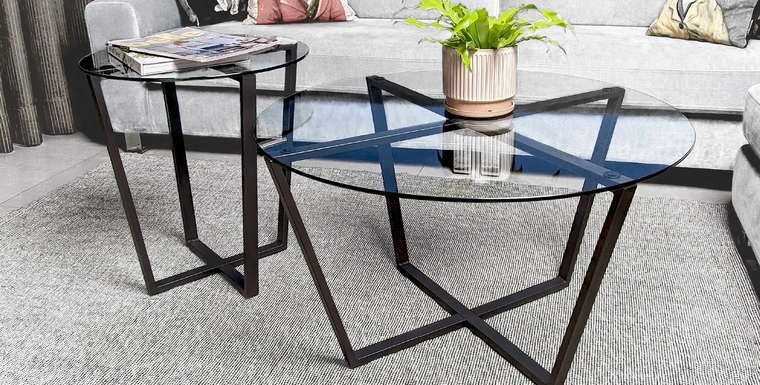 Modern Mango Wood Round Glass Coffee Table with Steam Bent Legs - Clear Tempered Glass Top & Black Metal Base for Living Room, Dining Room, Office - Perfect for Small Spaces, Lounge Areas & Contemporary Home Decor