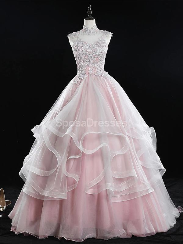 Elegant Pink High Neck Lace Beaded Ruffle Long Evening Prom Dress for Women - Formal Gown for Party, Homecoming, Wedding, Ball & Special Occasions