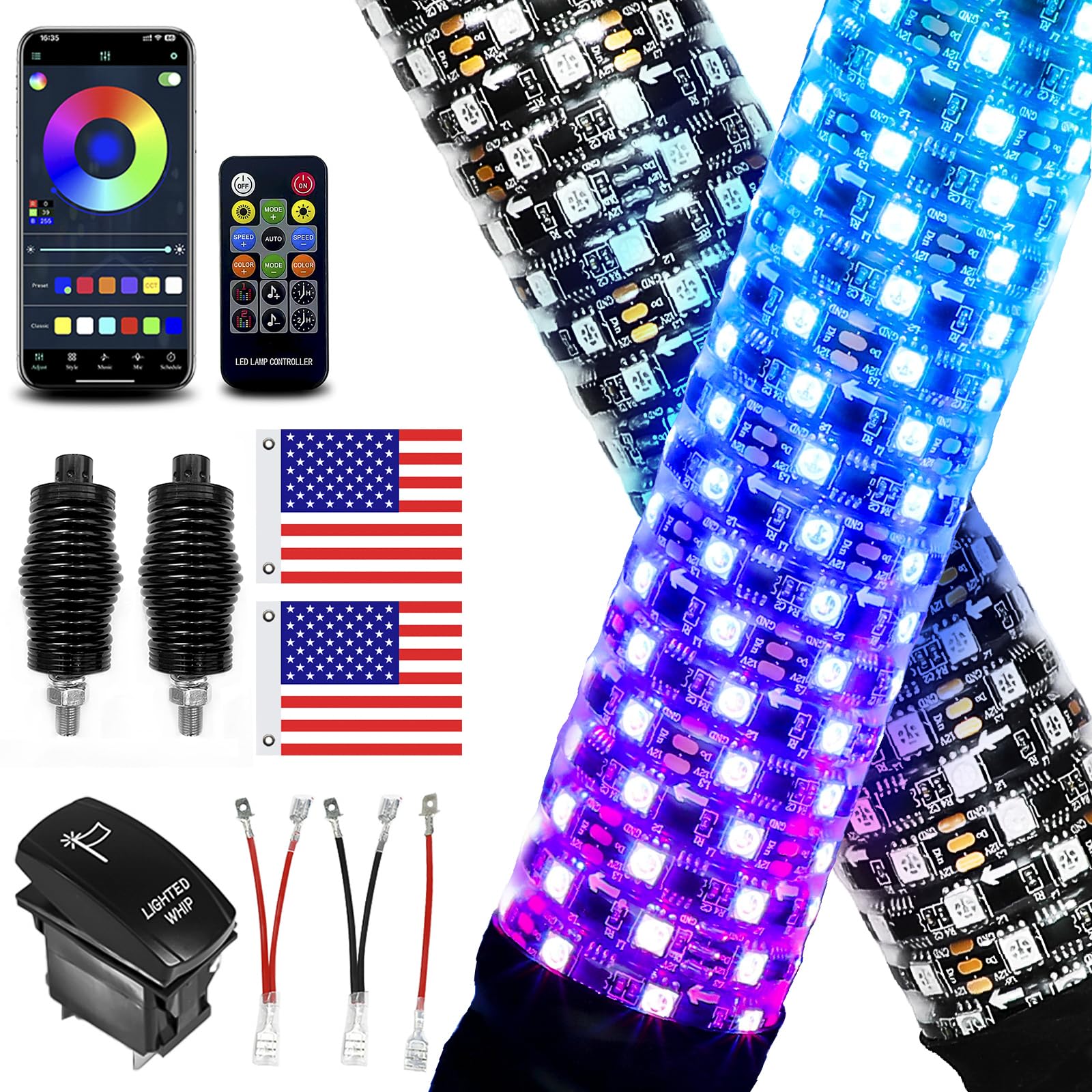 2 Pack 2FT Fat LED Whip Lights with App & Remote Control - RGB Spiral Chasing Lighted Antenna Whips for UTV ATV RZR Can-Am X3 Off-Road Vehicles - Perfect for Night Riding, Off-Road Adventures & Camping