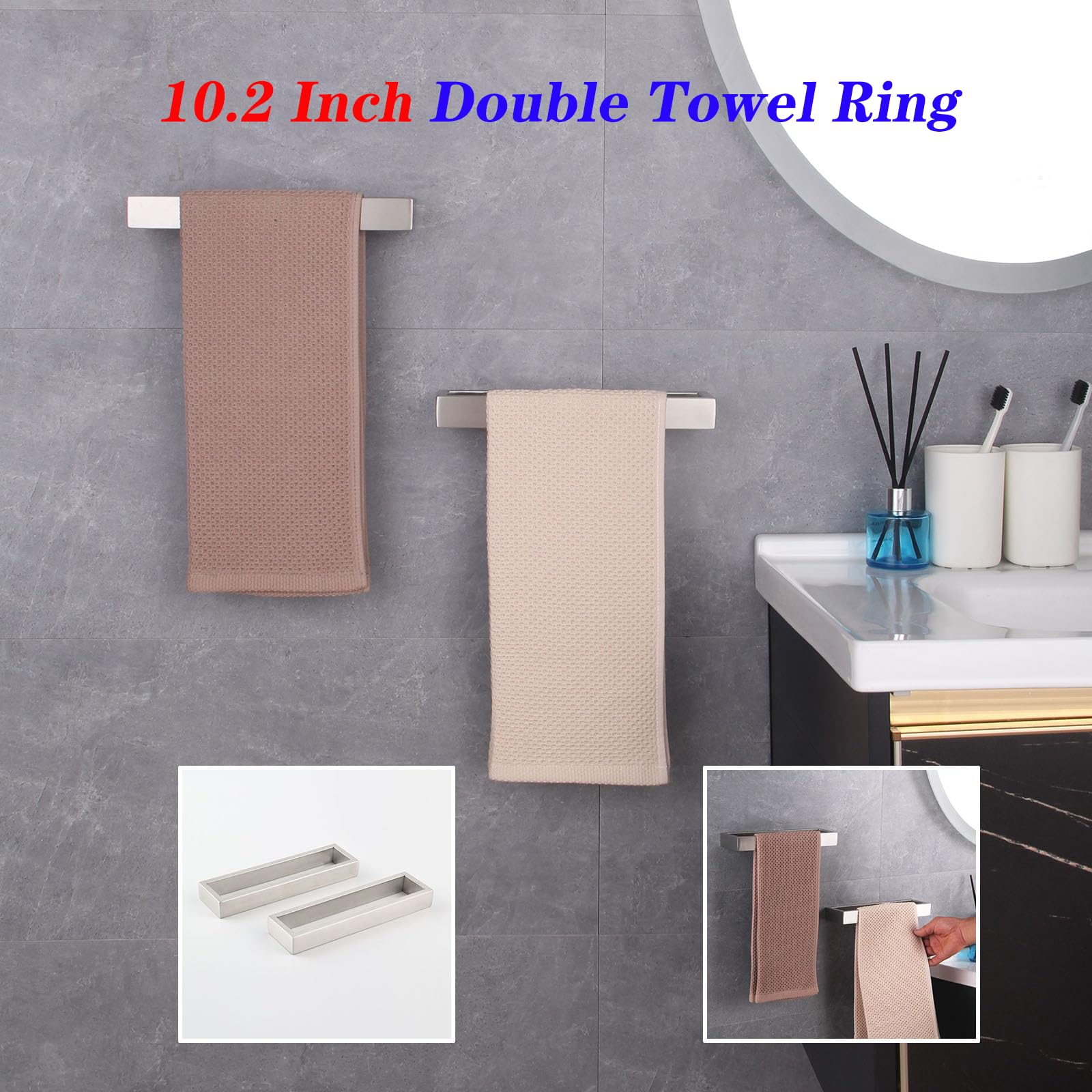 Modern Square Towel Holder - Brushed Stainless Steel Wall Mounted Towel Hanger & Ring Set (2 Pack) - Bathroom Accessories for Spa, Hotel & Home Decor - HG1716-2LS