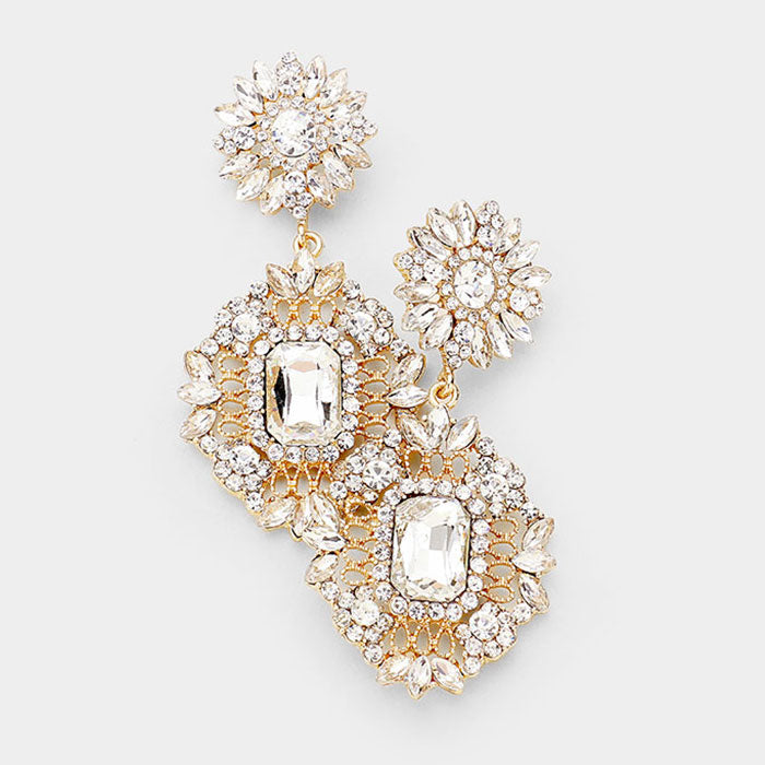 Elegant Large Floral Crystal Chandelier Earrings for Pageant & Prom | Gold Drop Dangle Earrings for Women | Perfect for Weddings, Parties & Special Occasions