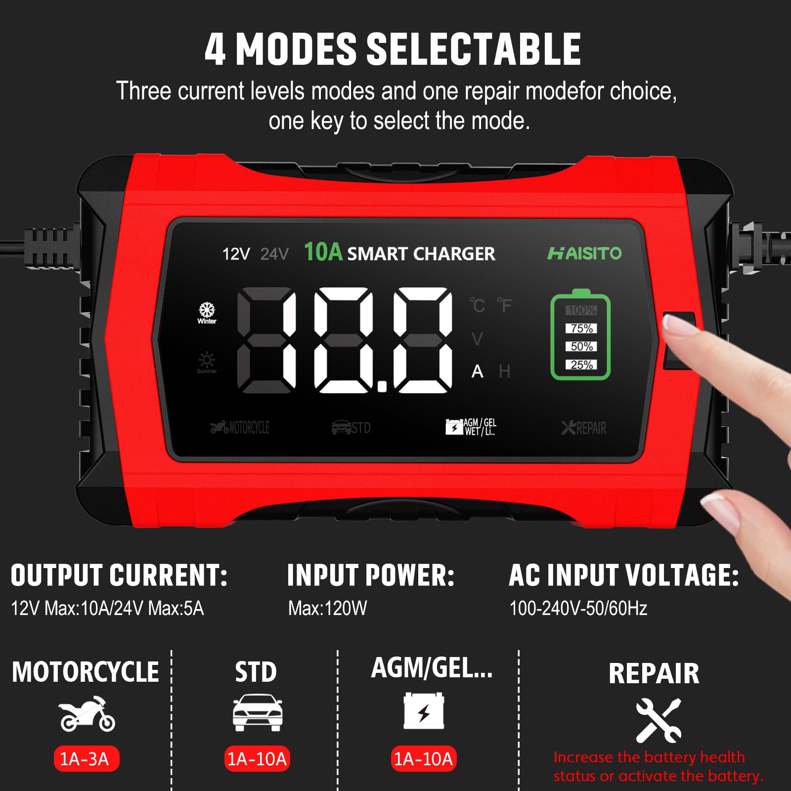 10-Amp 12V/24V Smart Car Battery Charger & Maintainer with Temperature Compensation - Fully Automatic Trickle Charger & Desulfator for Cars, Trucks, Motorcycles - Perfect for Winter Storage & Long-Term Vehicle Maintenance