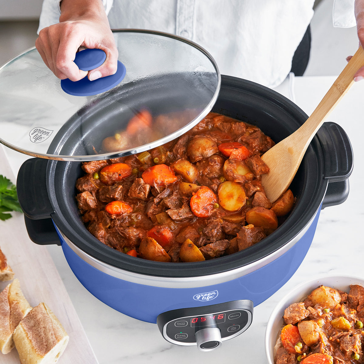 GreenLife Healthy Duo 6 Quart Slow Cooker with Removable Pot - Blue | Energy Efficient Slow Cooker for Soups, Stews & Meal Prep | Perfect for Family Dinners & Potlucks