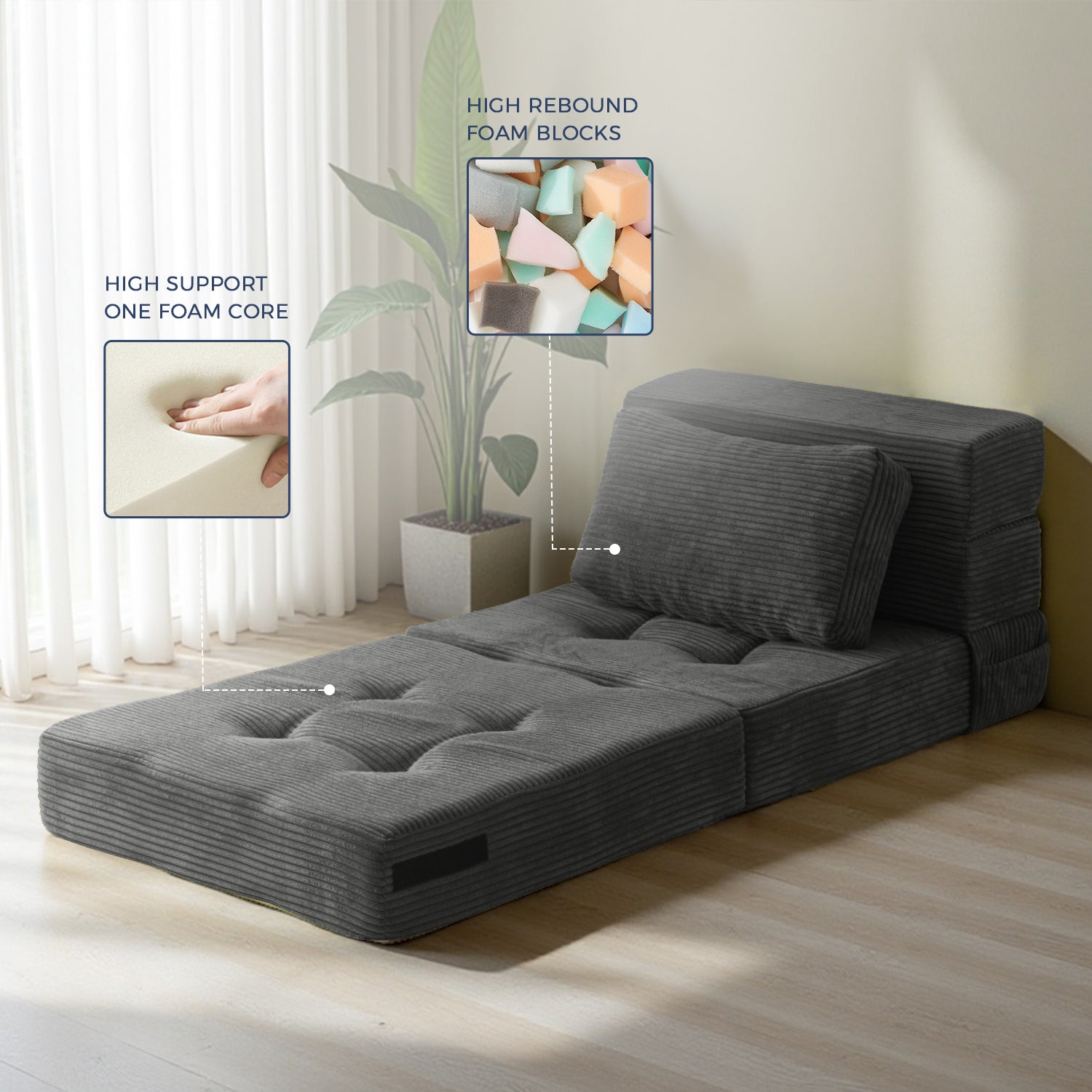 MAXYOYO 4-in-1 Convertible Sofa Bed Chair - Foldable Floor Couch for Small Spaces, Dark Grey - Perfect for Studio Apartments, Guest Rooms & Dorm Living