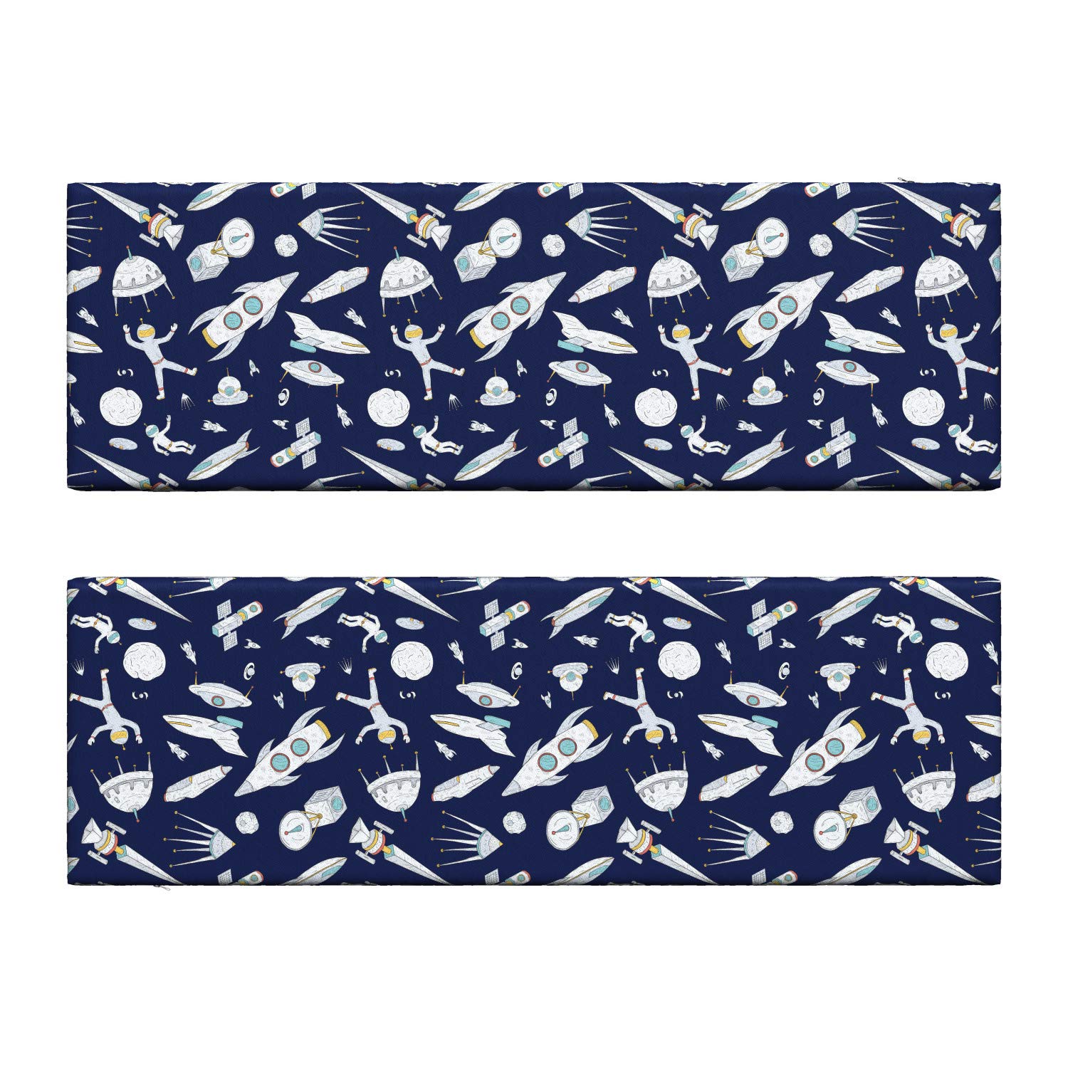 Ambesonne 2-Piece Space Theme Bench Cushion Set with Planets, Rockets & UFOs - Standard Size Foam Seat Pads with Washable Covers - Indigo & White Cosmic Adventure Decor for Living Room, Patio or Kids Room