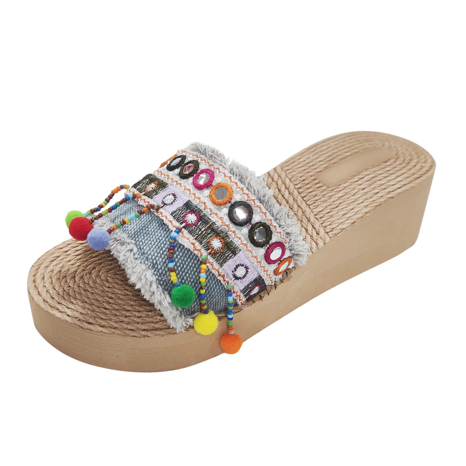 Women's Fashion Tassel Cross Strap Linen Summer Sandals - Denim Wedge Beach Sandals for Women - Perfect for Casual Outings, Vacations & Summer Strolls