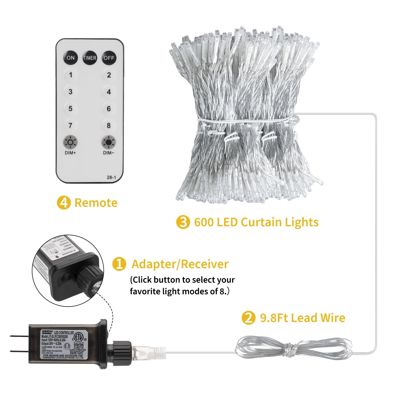 Brightown 600 LED 20 Feet Dimmable Window Curtain Lights with Remote - 8 Lighting Modes & Timer, Fairy String Lights for Bedroom, Wall, Wedding Decor - Pure White (No Curtain Included) - Perfect for Indoor/Outdoor Parties, Holidays & Romantic Ambiance
