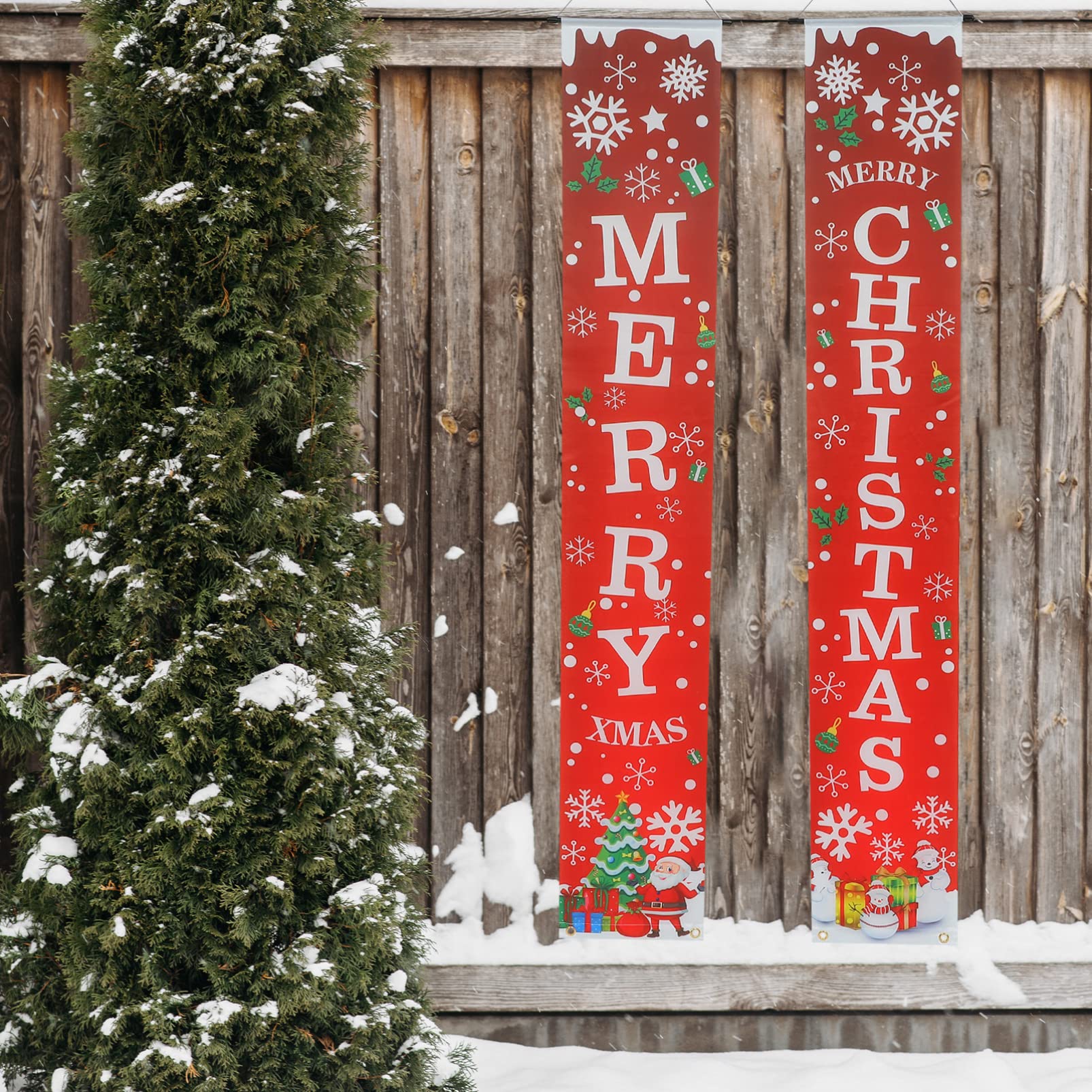 1 Pair Merry Christmas Banner Decor & Happy New Year Plaid Porch Sign - Holiday Door & Fireplace Decoration for Christmas Party & Home Decor