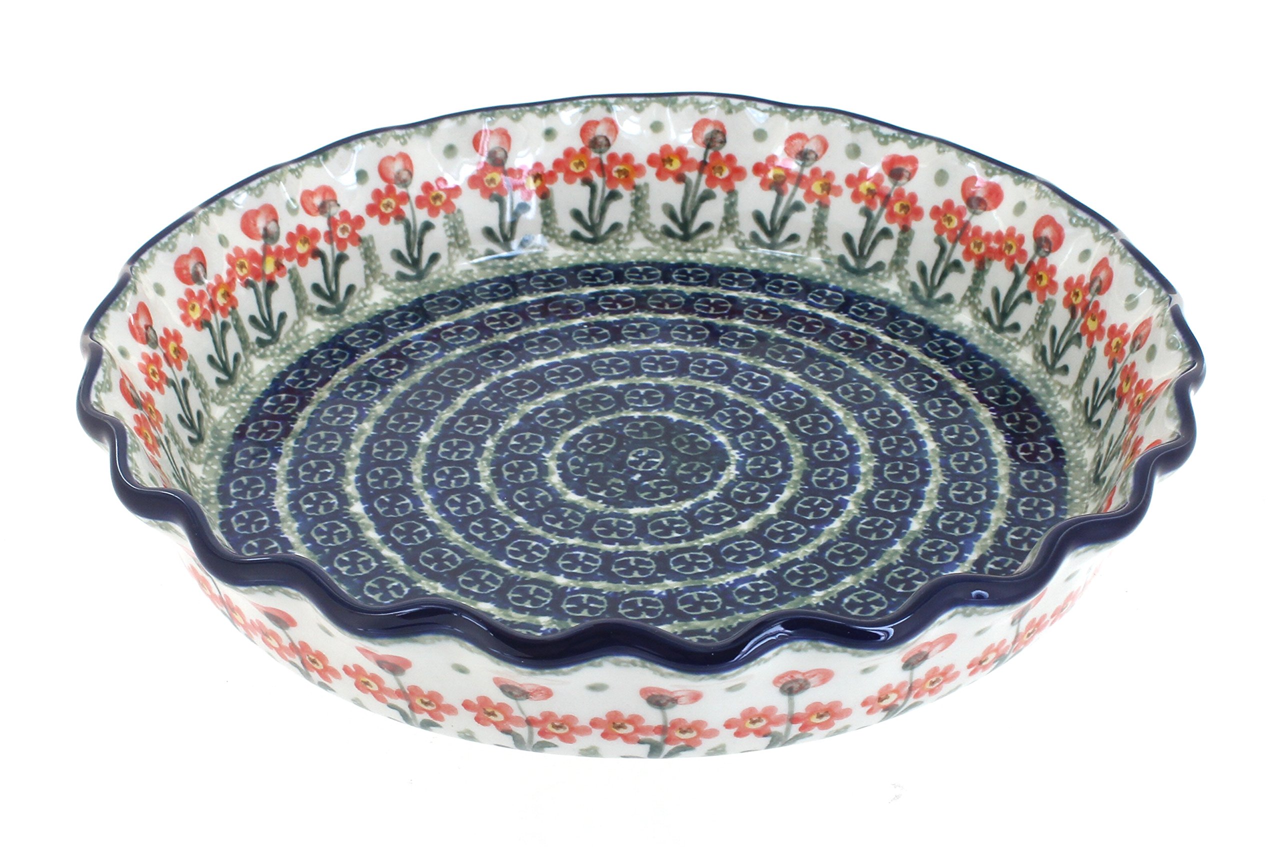 Handmade Blue Rose Polish Pottery Peach Posy Pie Plate - Vintage Floral Design for Baking, Serving & Home Decor