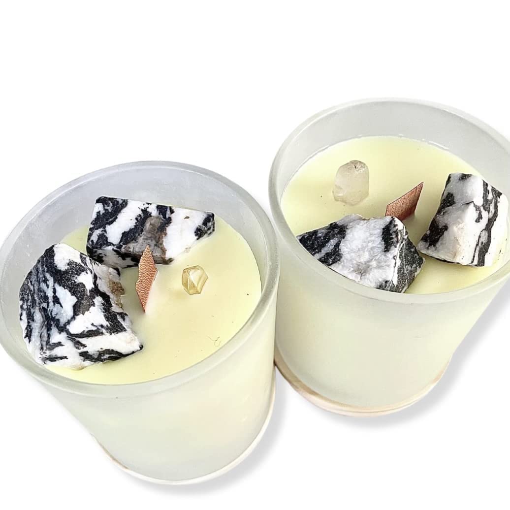 Natural Zebra Calcite Soy Wax Crystal Candle - English Pear & Freesia Scented Relaxation Candle (8 oz) | Stress Relief, Meditation, Yoga & Home Decor Gift Idea