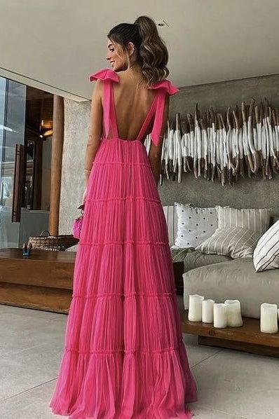 Elegant Hot Pink Backless Long Prom Dress with V-Neck & Tulle Skirt - Formal Evening Gown 2179 | Perfect for Homecoming, Prom Night, Wedding Guest & Special Occasions