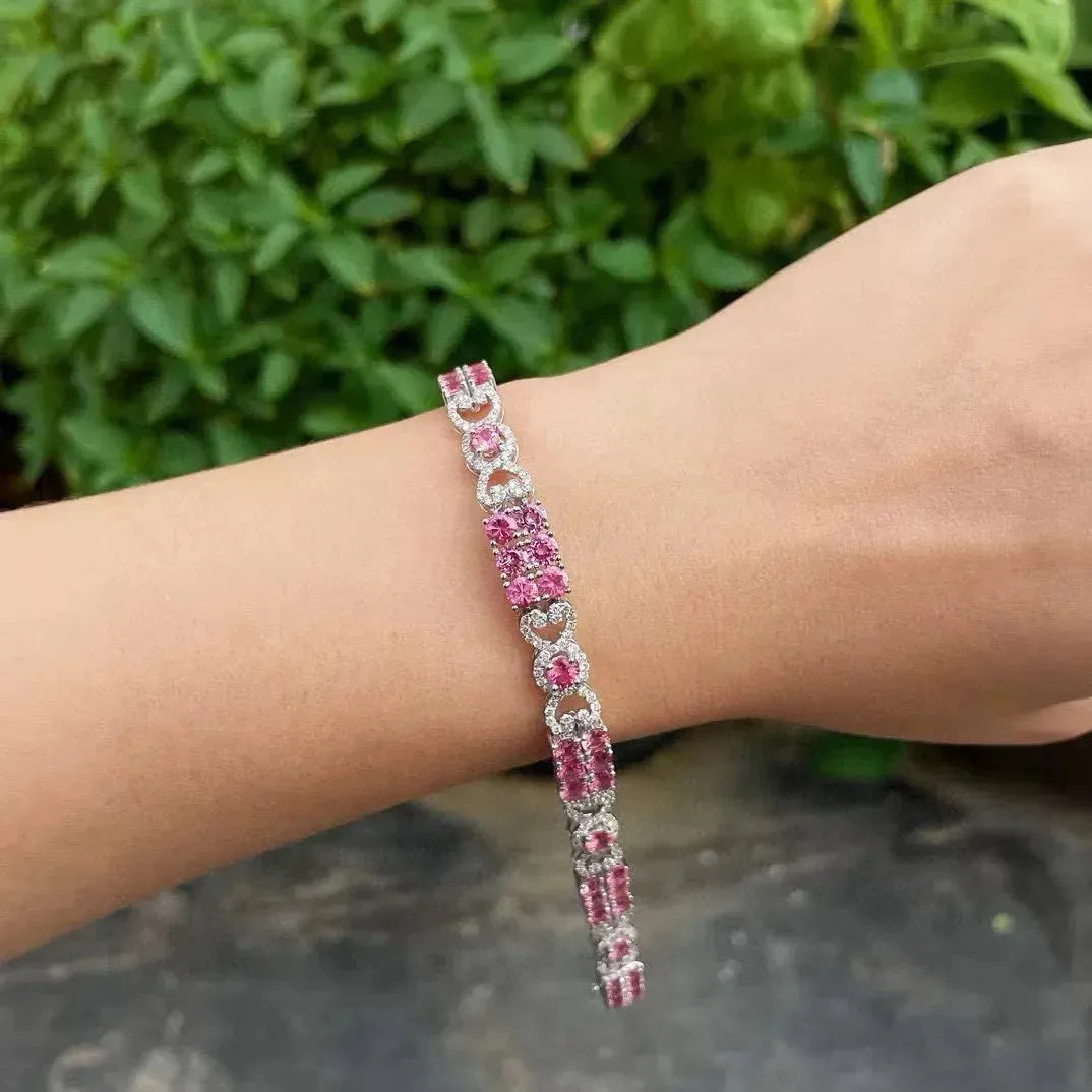 18K White Gold Natural Pink Spinel Bracelet with Diamonds - Classic Luxury Genuine Fine Jewelry for Women | Perfect for Weddings, Parties & Special Occasions | Free Shipping