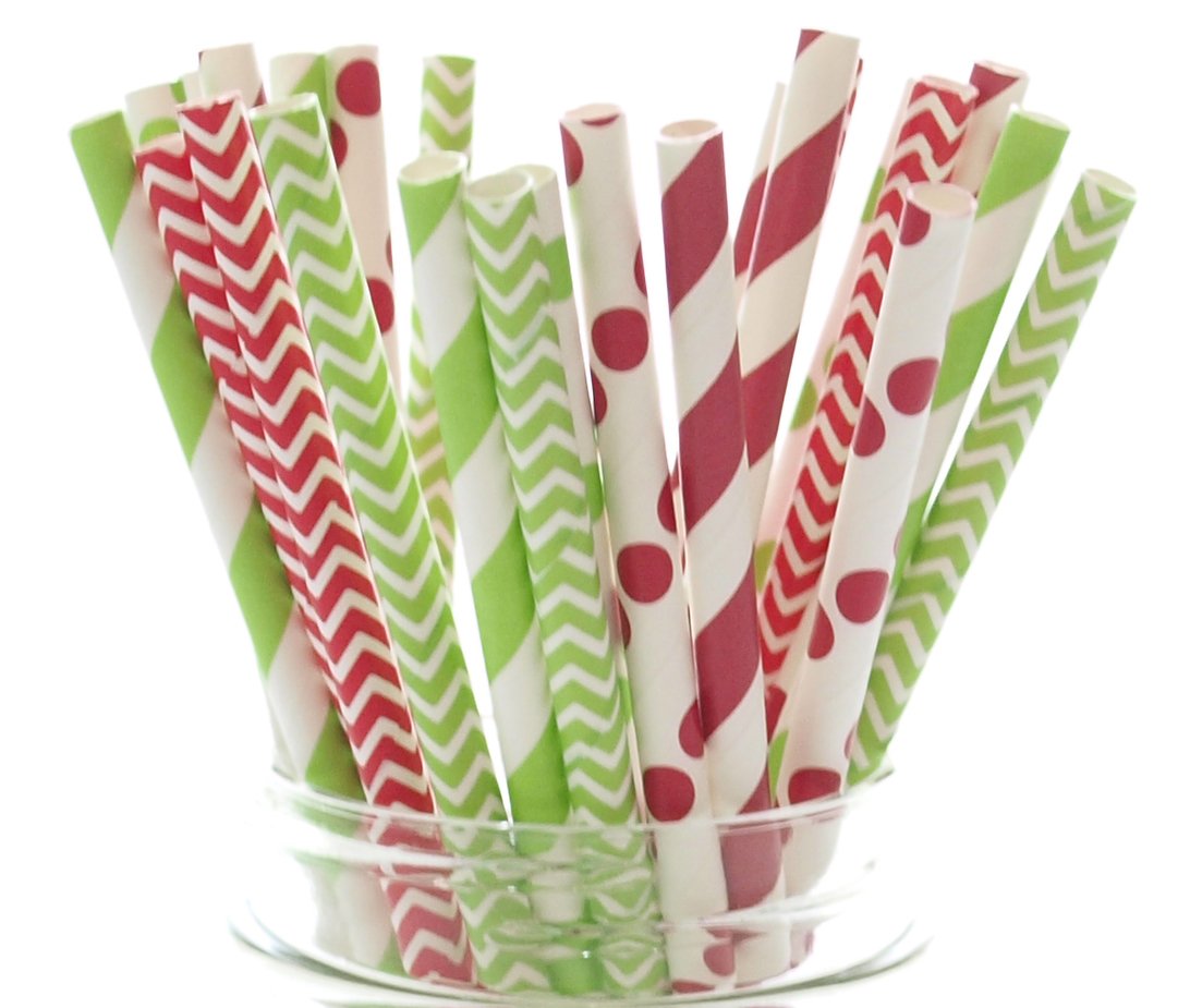 Festive Christmas Drinking Straws (25 Pack) - Holiday Party Favors, Cake Pop Sticks, Candy Cane Red & Green Striped Straws for Christmas Decorations, Hot Cocoa, Milkshakes & Holiday Beverages