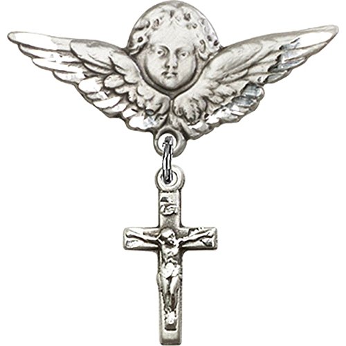 Sterling Silver Baby Badge with Crucifix Charm & Angel Wing Pin - 1.25