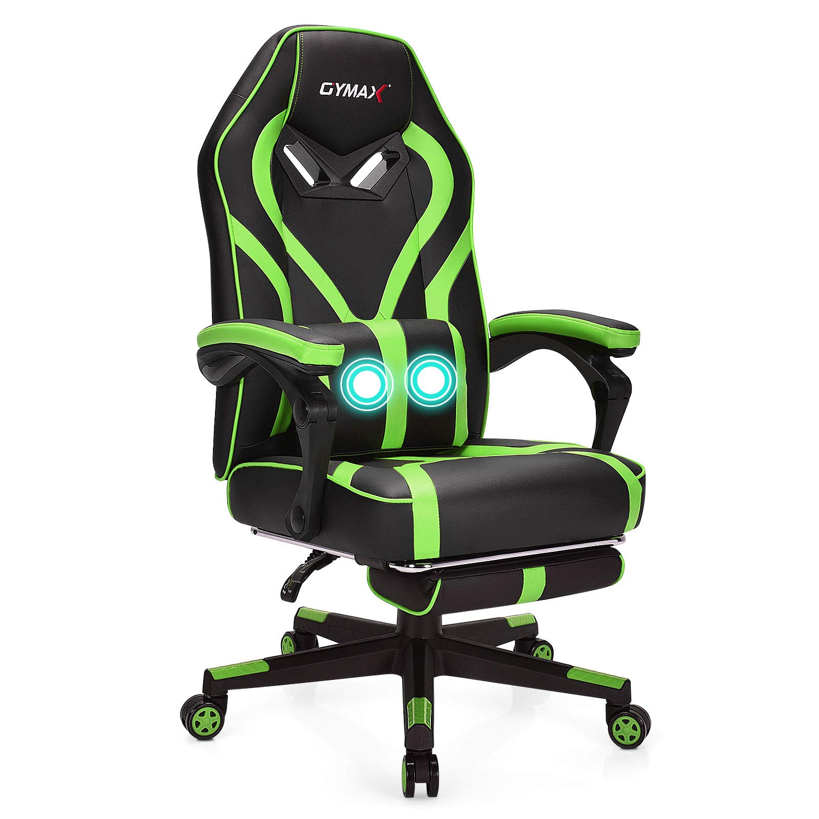 GYMAX Ergonomic Gaming & Office Chair - Adjustable Swivel Racing Style Computer Chair with Massage Lumbar Support, Headrest & Retractable Footrest - Perfect for Home Office, Gaming Setup & Home Theater (Green)