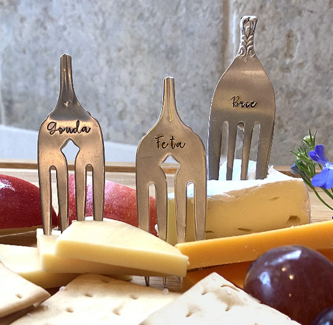 Personalized Cheese Markers - Engraved Cheese Forks for Parties, Weddings & Charcuterie Boards | Elegant Cheese Serving Utensils for Entertaining & Gourmet Platters