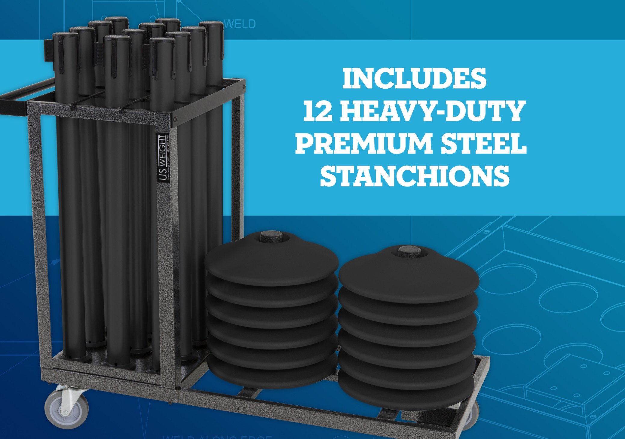 Premium Black Steel Stanchion Cart Kit - 12 Heavy Duty Post with Wheels for Events, Crowd Control & Queue Management | Ideal for Trade Shows, Retail Stores & Public Spaces
