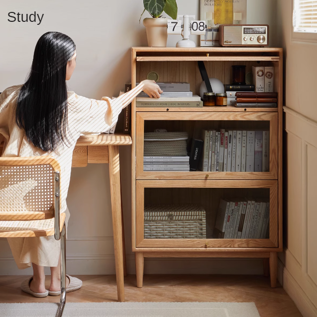 Premium Oak Solid Wood Multi-Layer Flip Door Glass Bookcase - Stylish Home Office Library Storage for Books, Decor & Collectibles