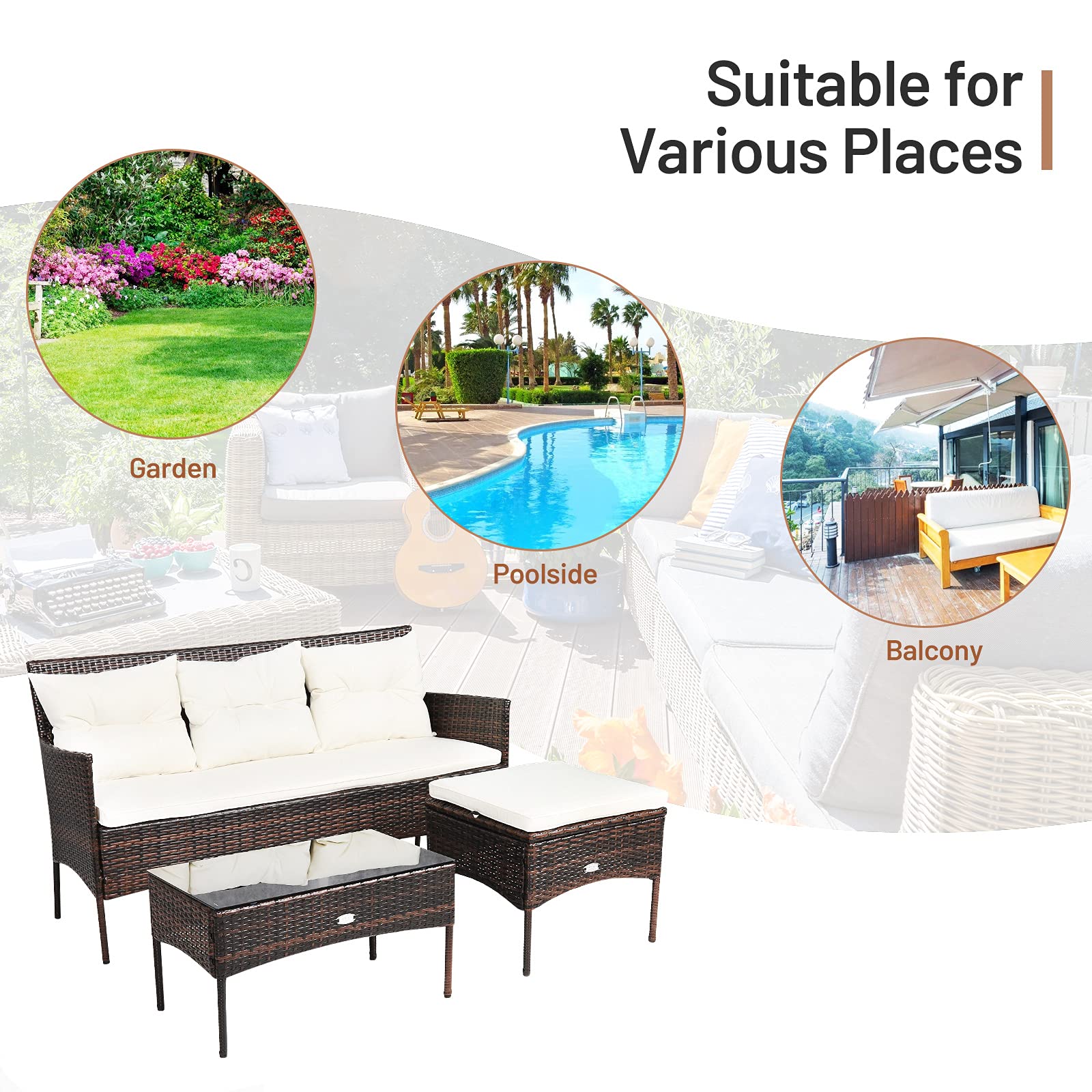 RELAX4LIFE 3-Piece Outdoor Patio Furniture Set with Rattan Wicker Sectional Sofa, 5 Comfortable Cushions & Tempered Glass Coffee Table - Perfect for Poolside, Garden, Balcony or Backyard (Beige & Brown)