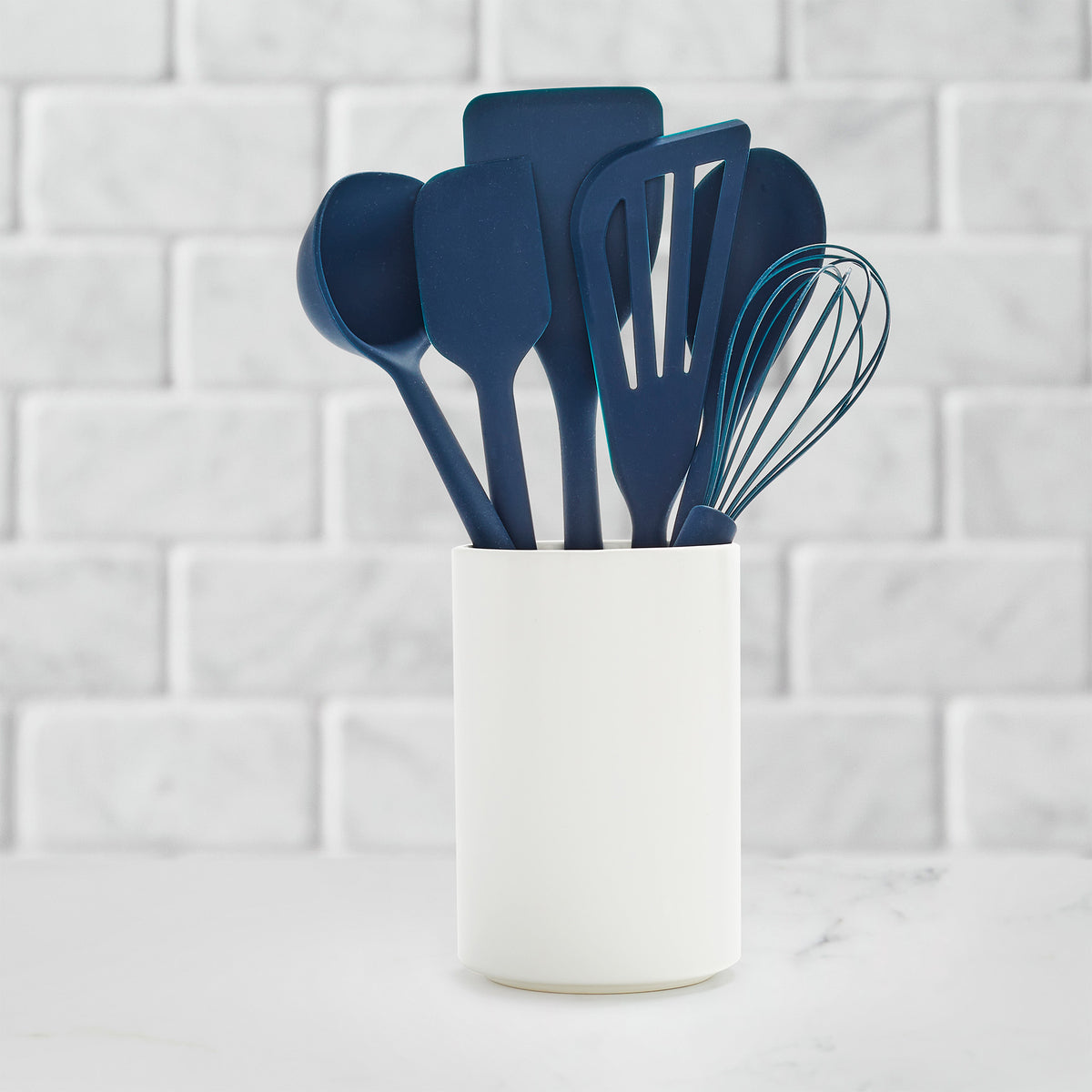 Premium 7-Piece Platinum Silicone Kitchen Utensil Set with Crock - Navy Blue | Non-Slip Grip & Heat Resistant for Cooking, Baking & Serving