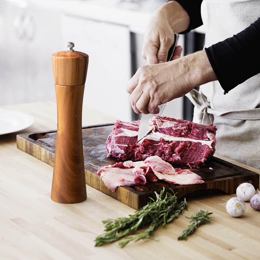 Premium Acacia Wood Salt and Pepper Grinder Set - 8 Inch Adjustable Manual Mill with Ceramic Core - Perfect for Kitchen, BBQ, Picnic, Restaurant & Dinner Parties (2 Pack)