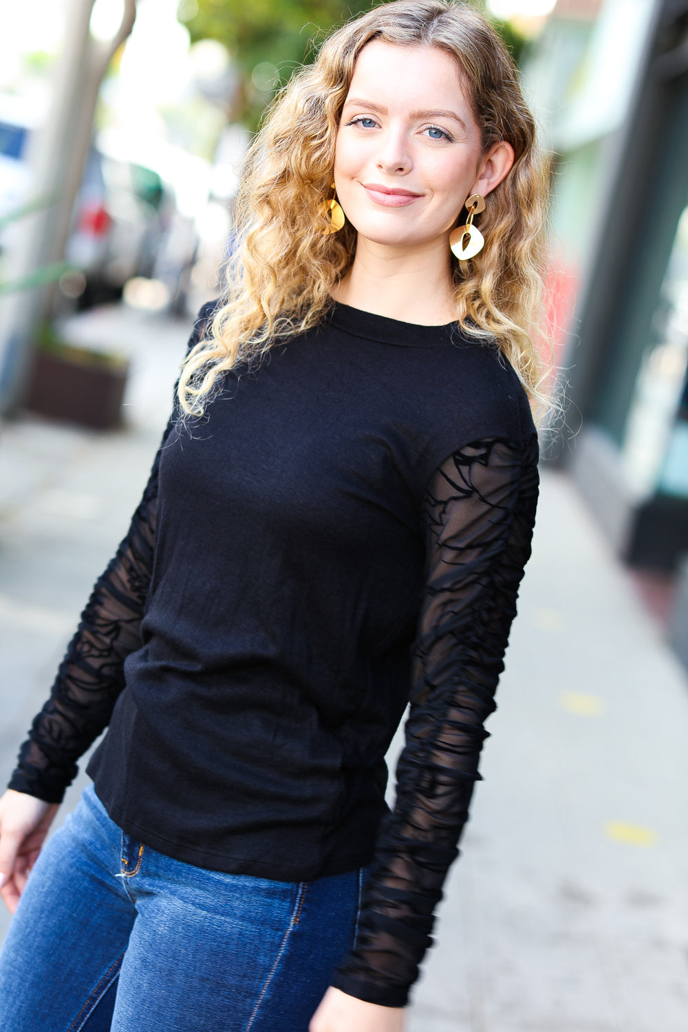 Black Shirred Velvet Mesh Blouse - Elegant Women's Fashion Top for Party & Evening Wear