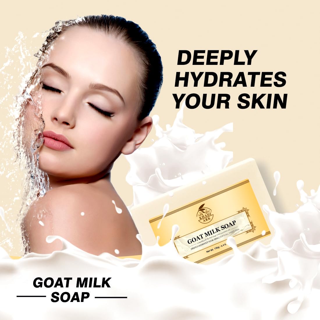 Khadi Ark Natural Goat Milk Bath Soap for Glowing Skin - Pack of 3 (125g Each, 375g Total) | Moisturizing & Nourishing Bar Soap for Dry & Sensitive Skin | Perfect for Daily Skincare Routine & Spa Day at Home