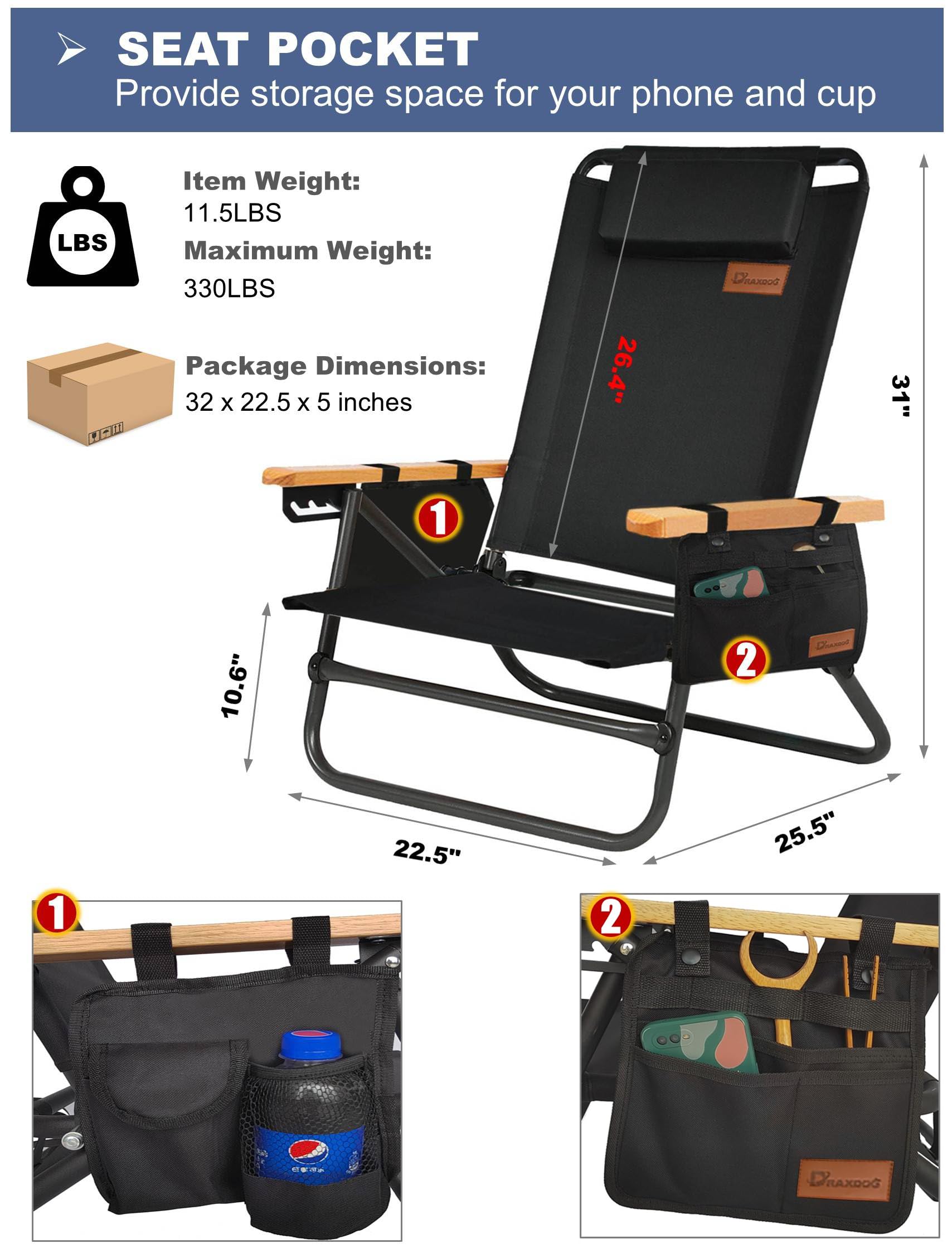 4-Position Adjustable Beach Chair with Headrest & Cup Holder - Lightweight Folding Backpack Camping Chair for Outdoor, Fishing, Lawn, Travel - Heavy Duty Portable Recliner (Black Set) - Perfect for Beach Relaxation, Backyard Lounging & Camping Trips