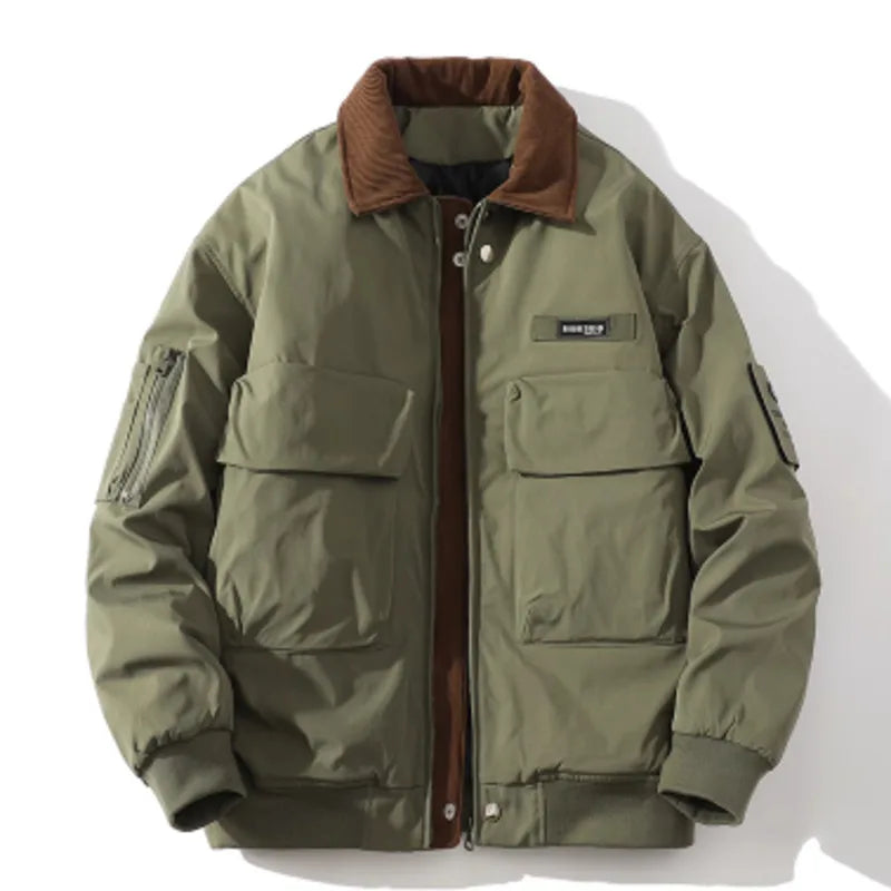 Men's Thickened Cotton Padded Jacket - American Style Lapel Patchwork Contrast Color with Big Pockets | CPG2523 | Perfect for Winter Outdoor Activities & Casual Wear